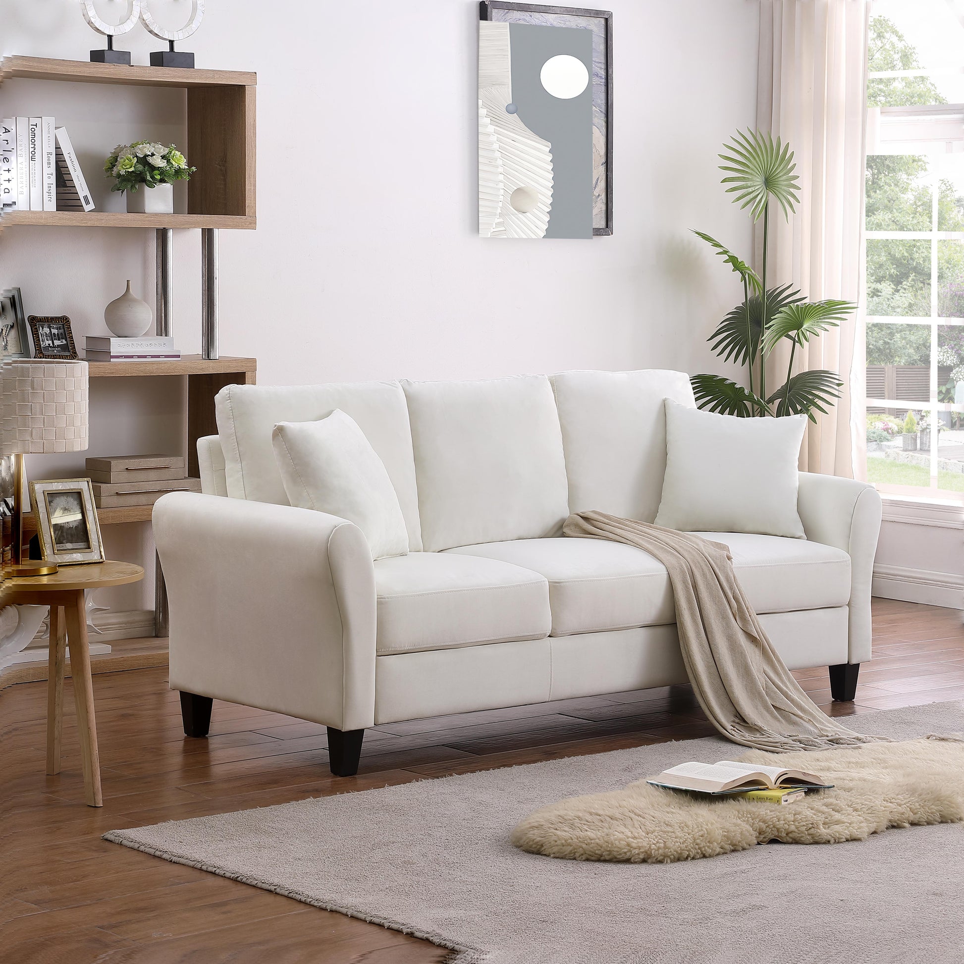 Video Modern Velvet Couch With 2 Pillow, 78 Inch Width Living Room Furniture, 3 Seater Sofa With Plastic Legs White Velvet