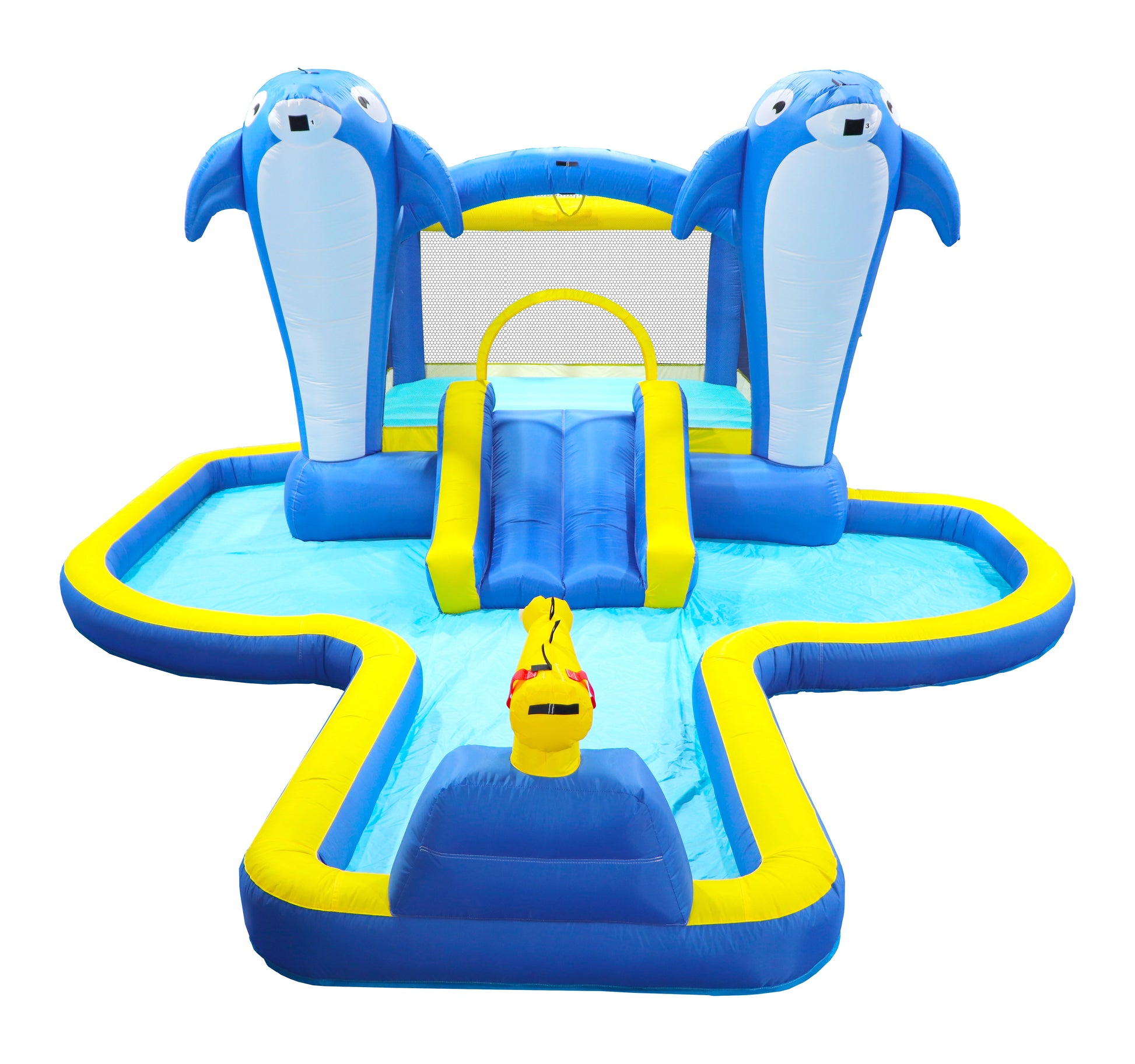 6 In1 Inflatable Slide Water Park Trampoline Bouncing House Outdoor Garden With Dolphin Sprinkler & Target Games & Water& Basketball Multicolor Oxford Fabric