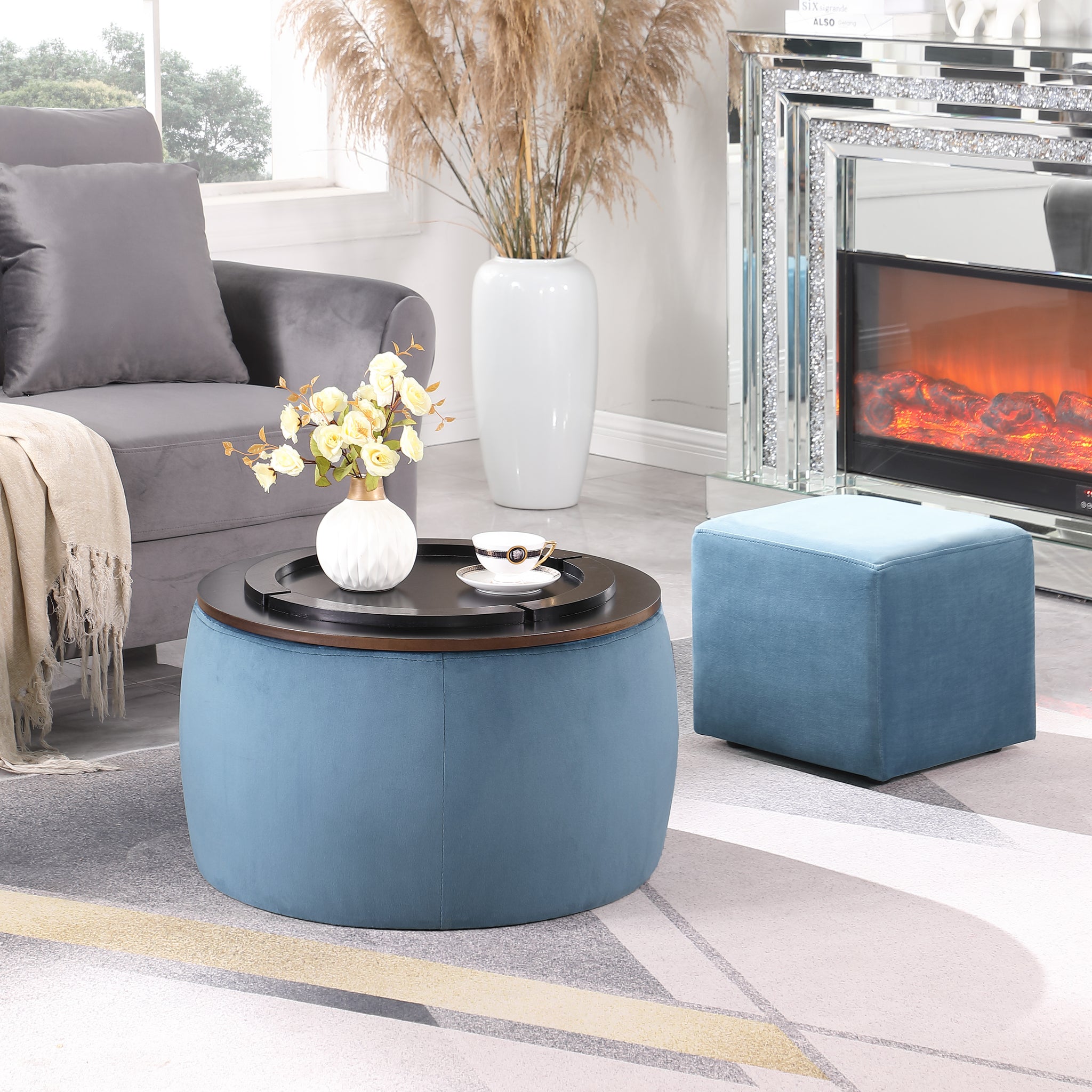 Video Round Ottoman Set With Storage, 2 In 1 Combination, Round Coffee Table, Square Foot Rest Footstool For Living Room Bedroom Entryway Office Blue Velvet