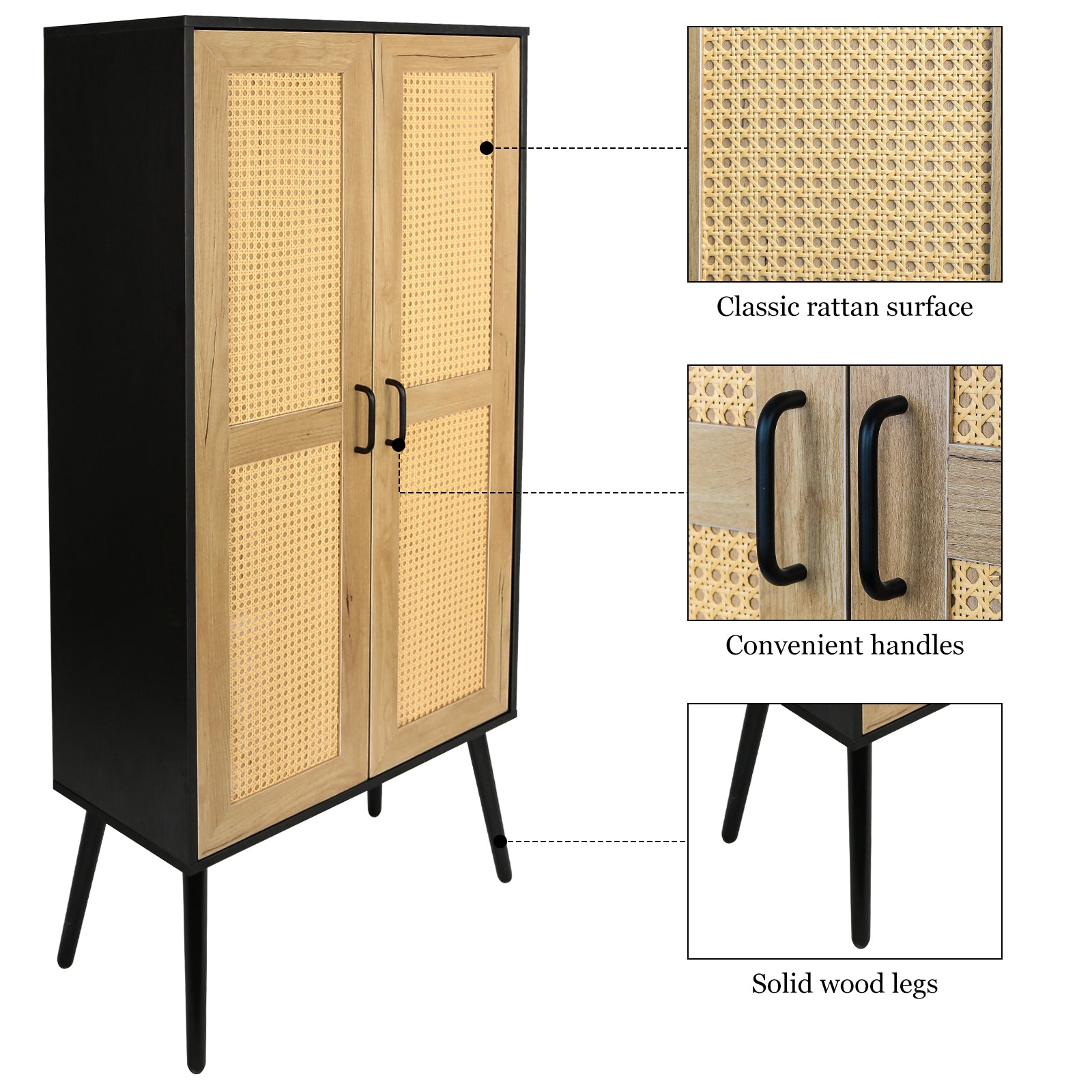 59'' Tall Rustic Farmhouse Storage Cabinet With Shelf Wide Countertop Wooden Bedroom Living Room Kitchen Furniture With Rattan Design Nature Color Natural Particle Board