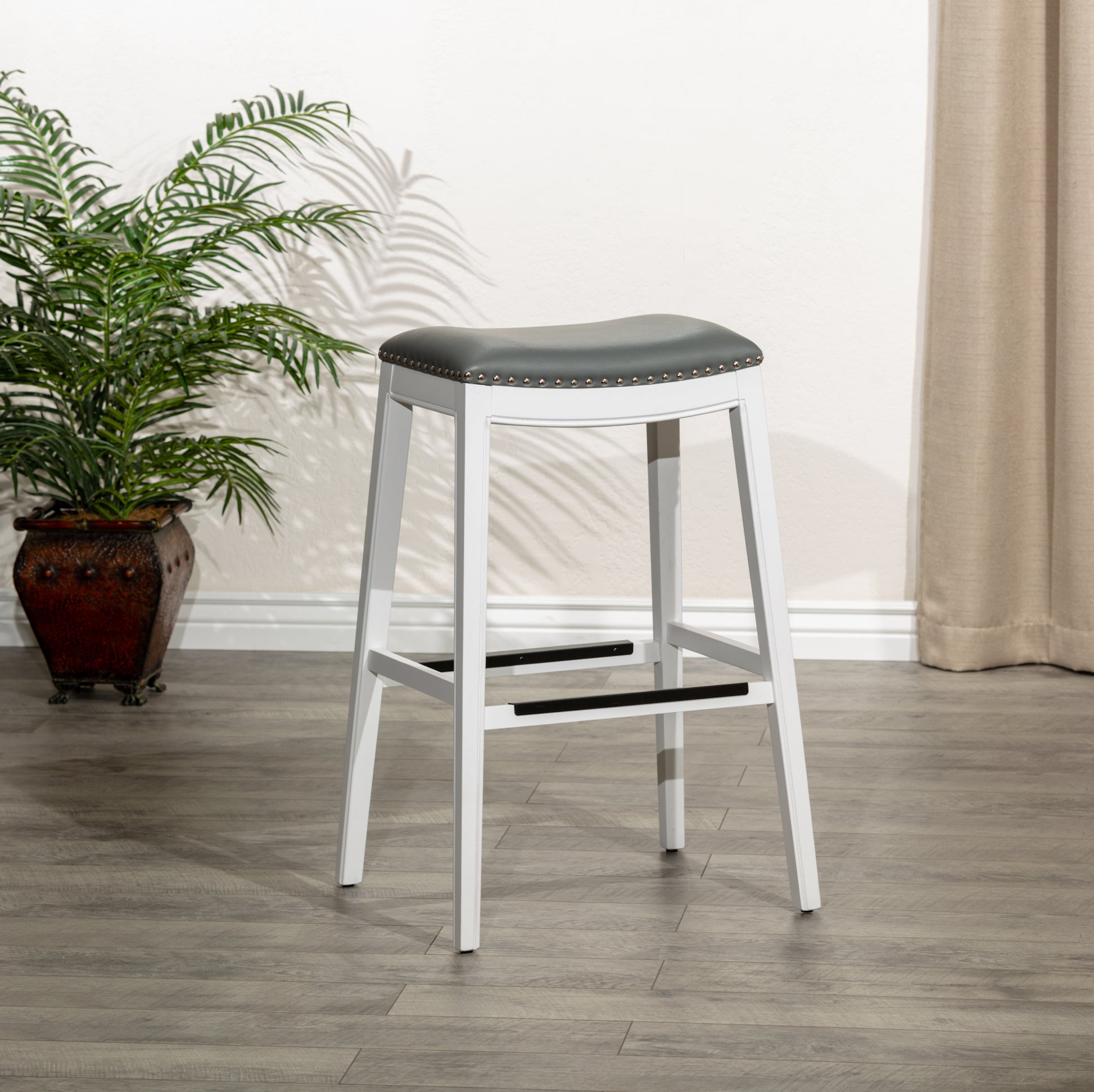 30" Bar Height Saddle Stool, White Finish, Gray Leather Seat White Polyester Bonded Leather
