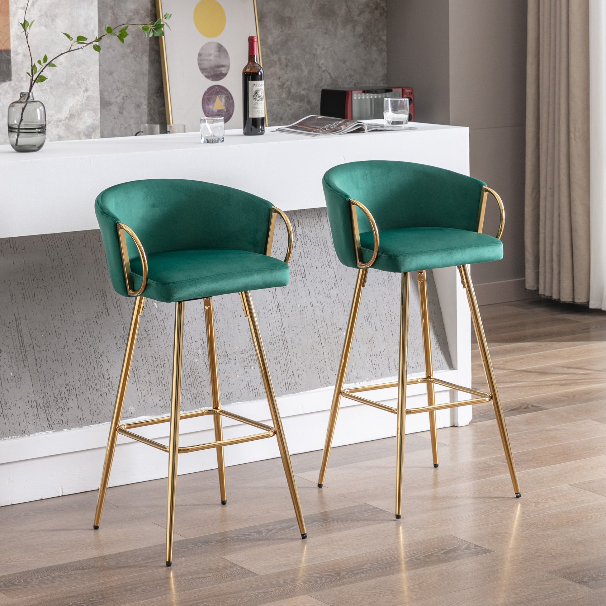30 Inch Set Of 2 Bar Stools,With Chrome Footrest And Base Velvet Golden Leg Simple Bar Stool,Green Green Foam Fabric