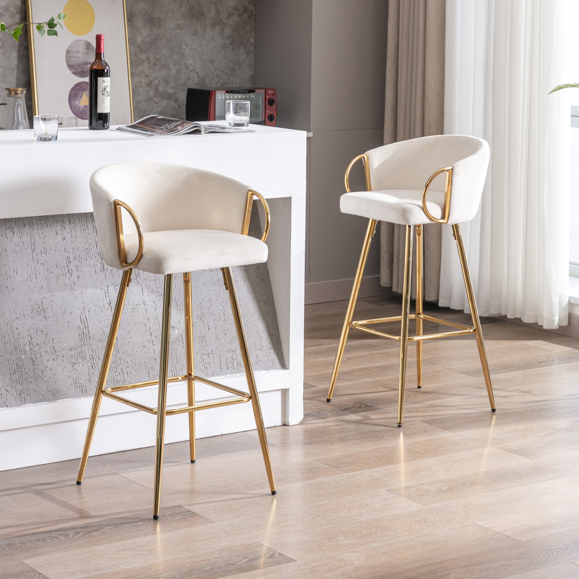 26 Inch Set Of 2 Bar Stools,With Chrome Footrest And Base Velvet Golden Leg Simple Bar Stoo,Cream Cream Foam Fabric
