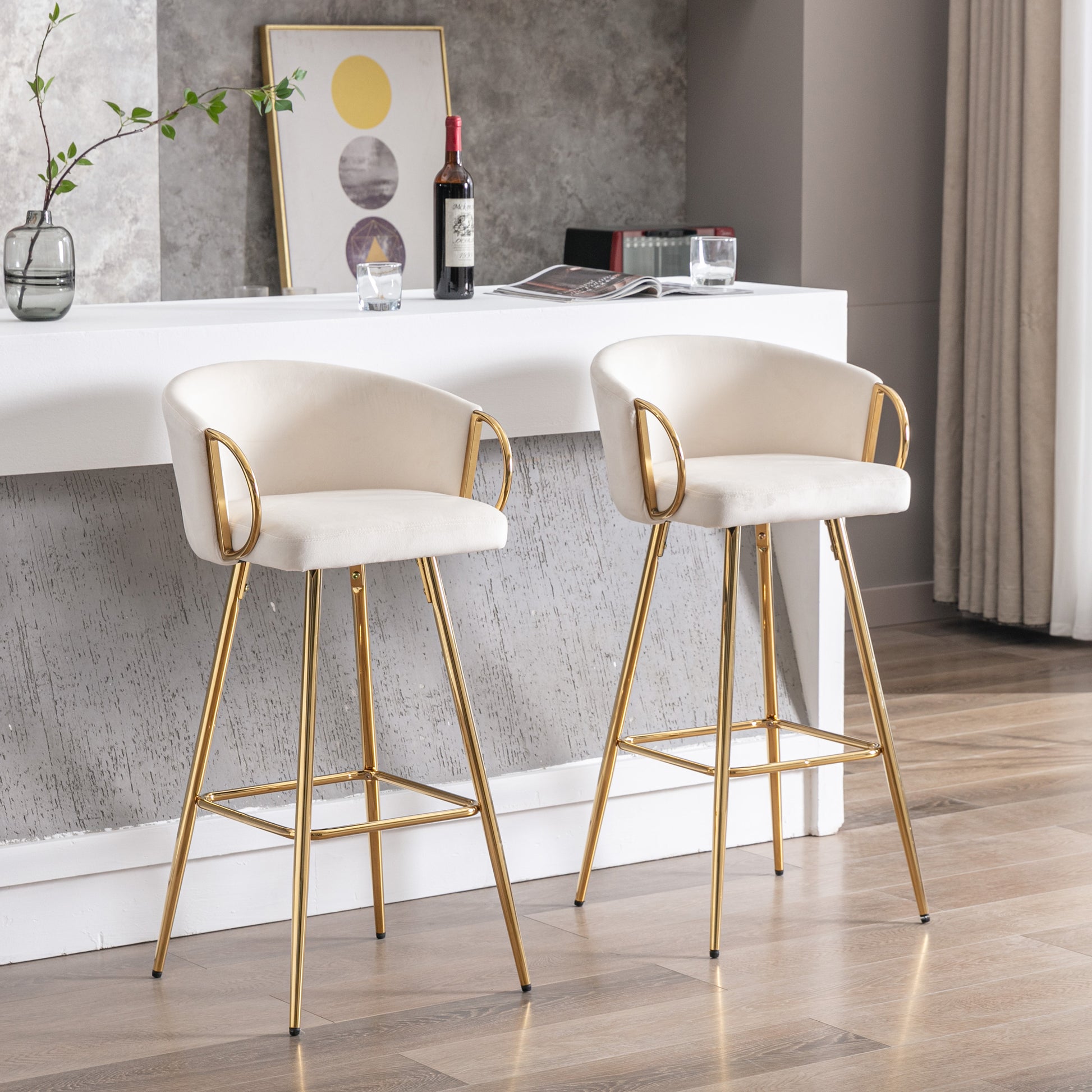26 Inch Set Of 2 Bar Stools,With Chrome Footrest And Base Velvet Golden Leg Simple Bar Stoo,Cream Cream Foam Fabric