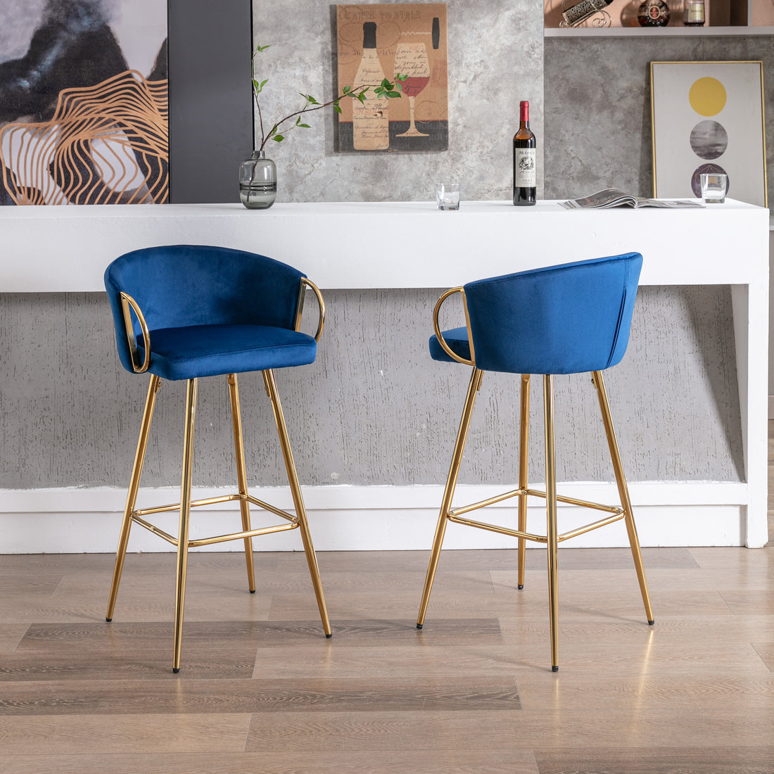 30 Inch Set Of 2 Bar Stools,With Chrome Footrest And Base Velvet Golden Leg Simple Bar Stool,Blue Blue Foam Fabric