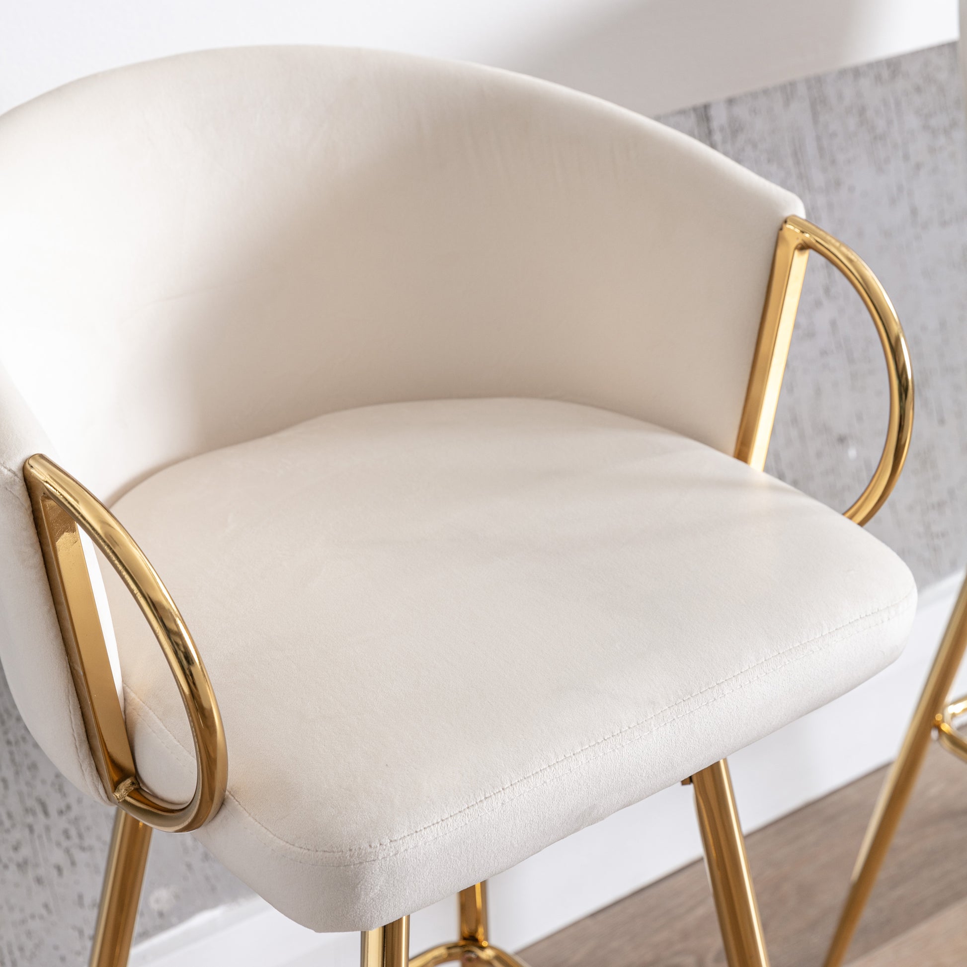 26 Inch Set Of 2 Bar Stools,With Chrome Footrest And Base Velvet Golden Leg Simple Bar Stoo,Cream Cream Foam Fabric