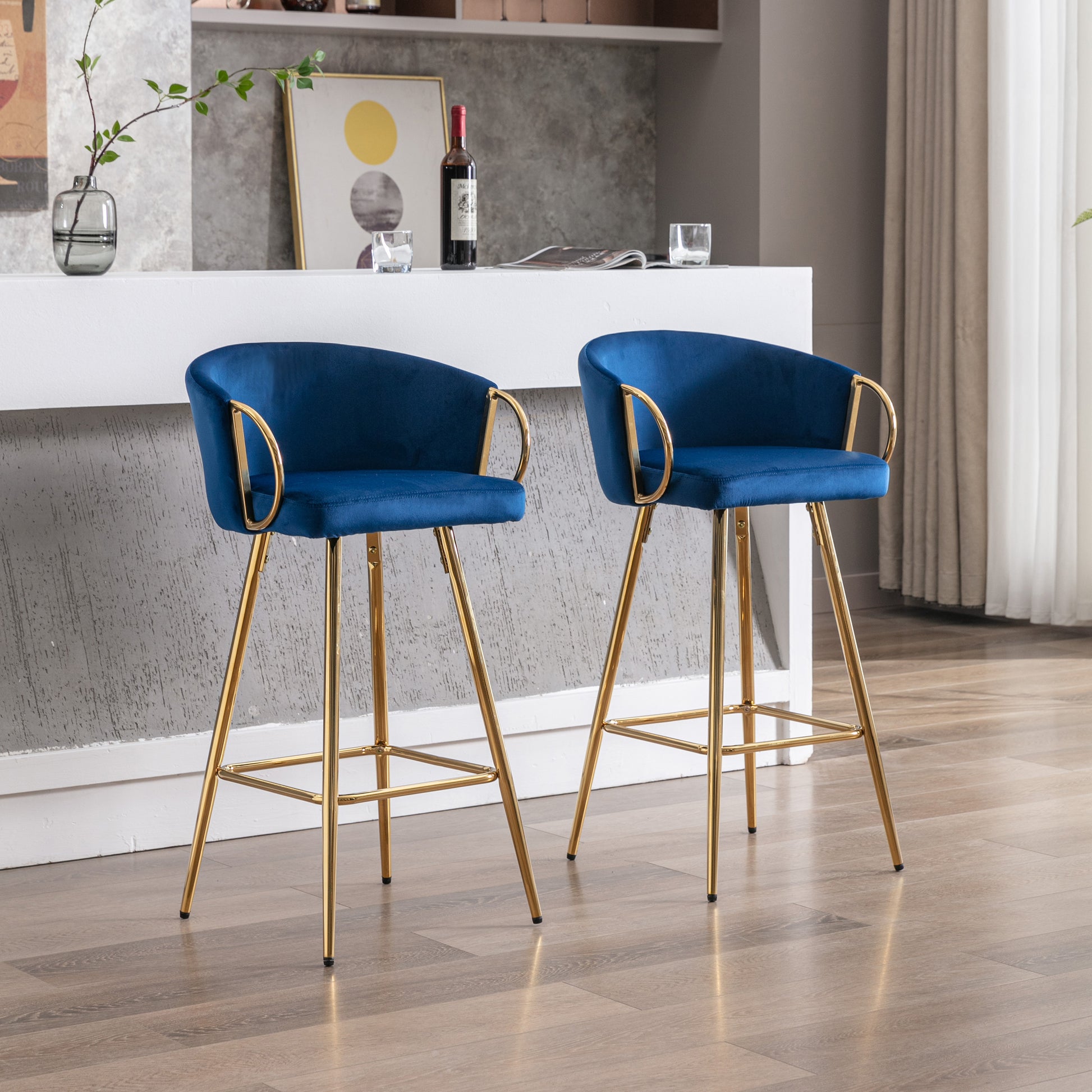 26 Inch Set Of 2 Bar Stools,With Chrome Footrest Velvet Golden Leg Simple Bar Stool,Blue Blue Foam Fabric