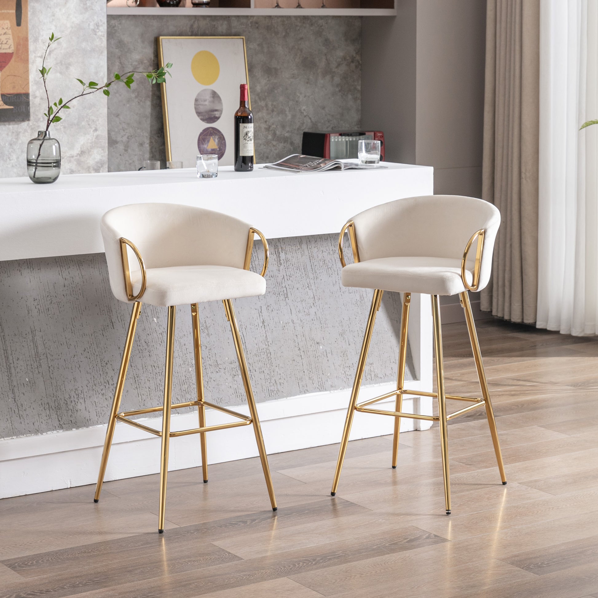 26 Inch Set Of 2 Bar Stools,With Chrome Footrest And Base Velvet Golden Leg Simple Bar Stoo,Cream Cream Foam Fabric