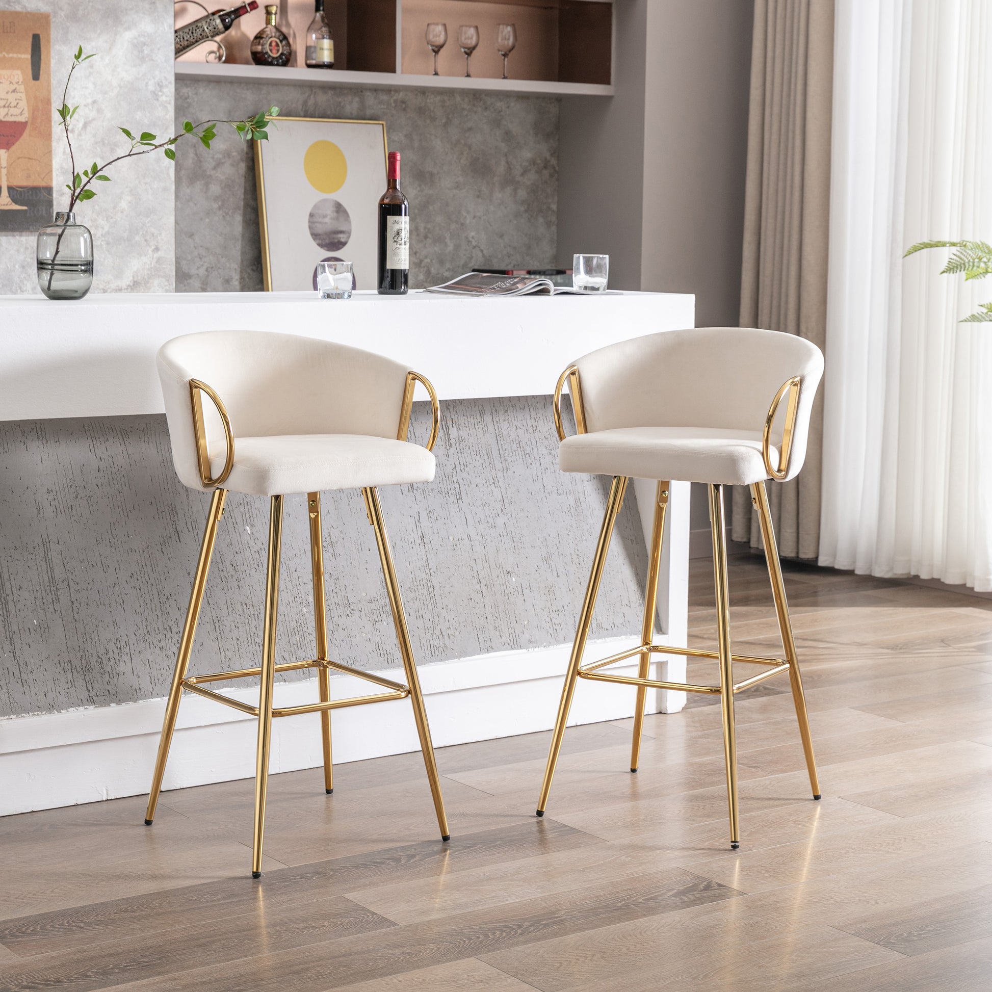 26 Inch Set Of 2 Bar Stools,With Chrome Footrest And Base Velvet Golden Leg Simple Bar Stoo,Cream Cream Foam Fabric