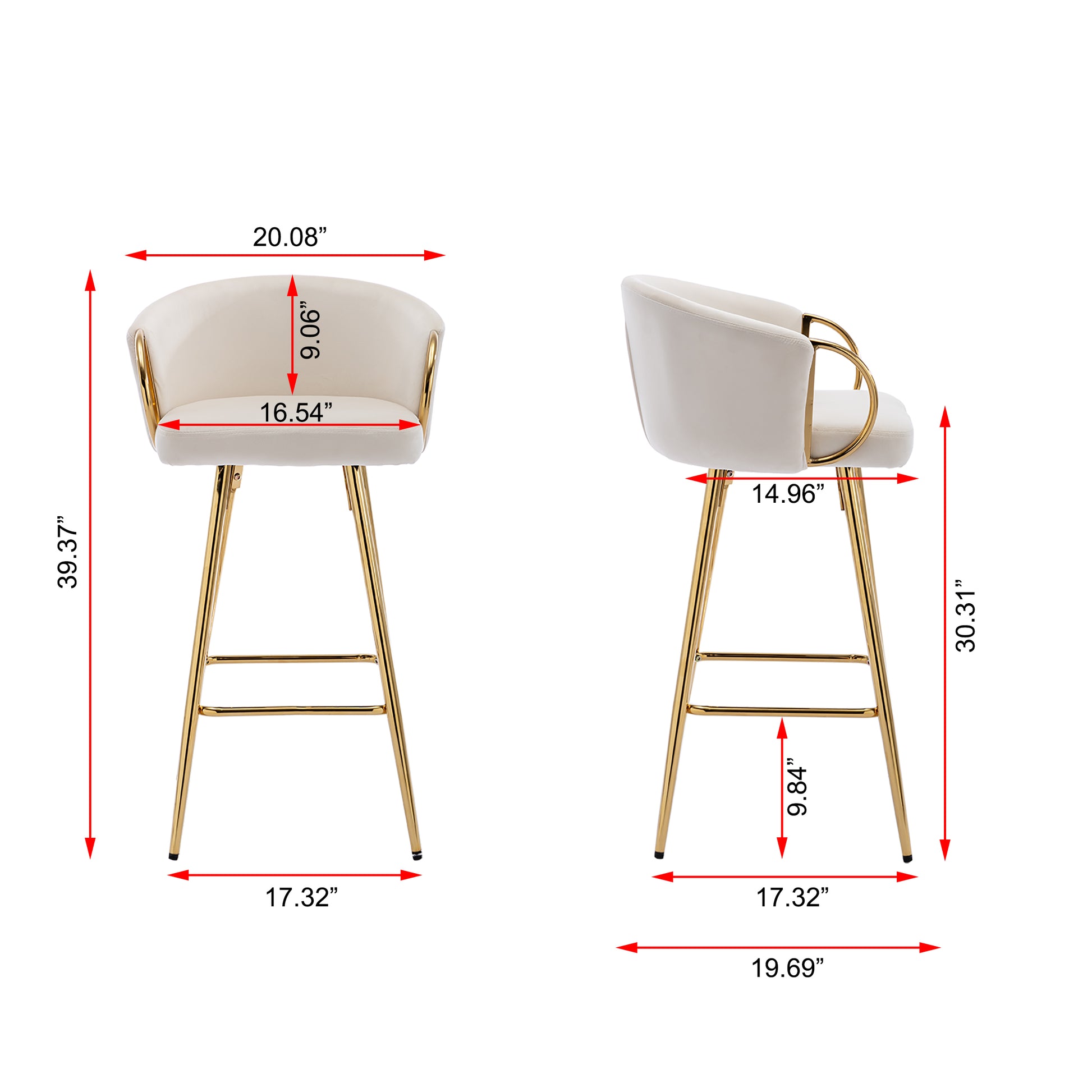 30 Inch Set Of 2 Bar Stools,With Chrome Footrest And Base Velvet Golden Leg Simple Bar Stool,Cream Cream Foam Fabric