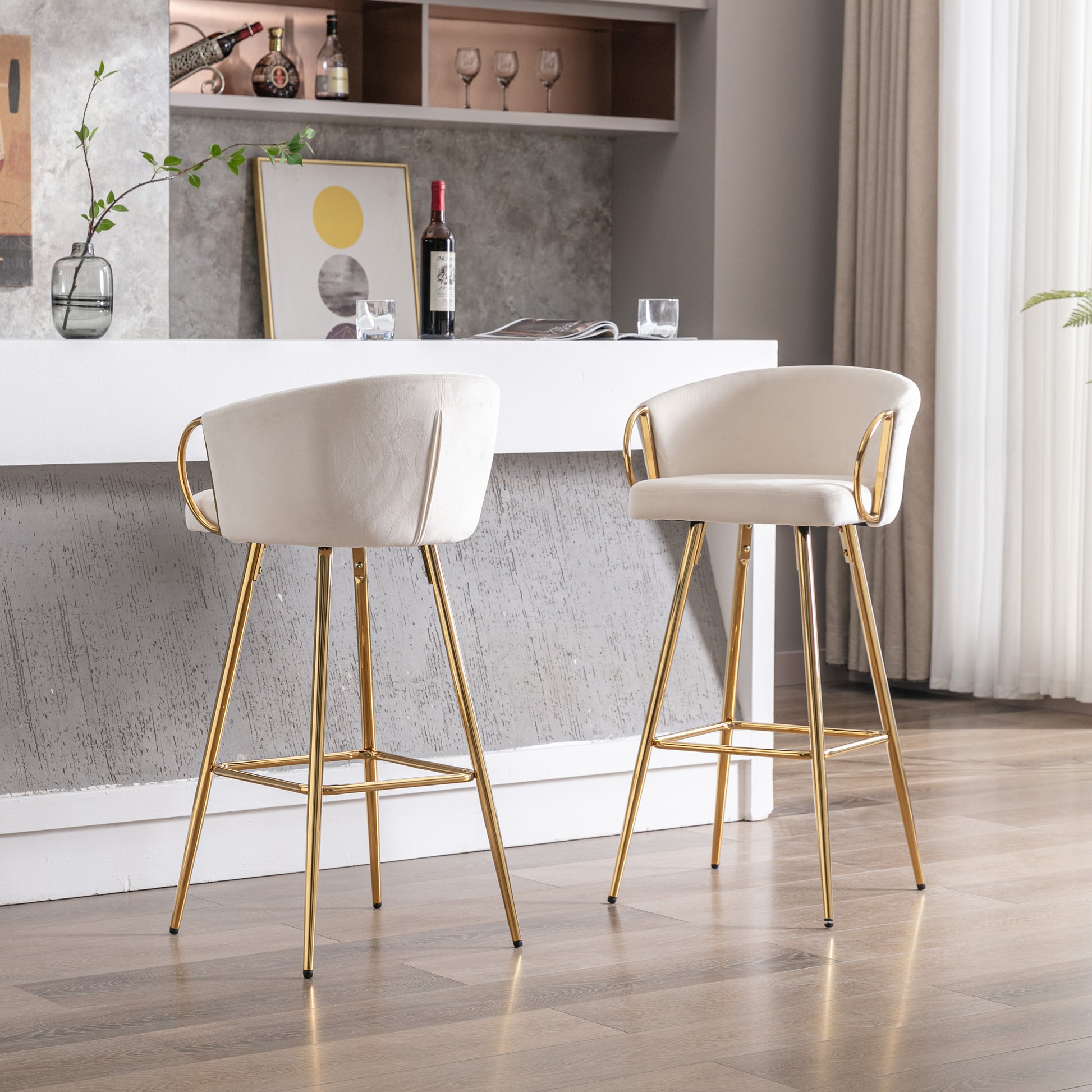 26 Inch Set Of 2 Bar Stools,With Chrome Footrest And Base Velvet Golden Leg Simple Bar Stoo,Cream Cream Foam Fabric