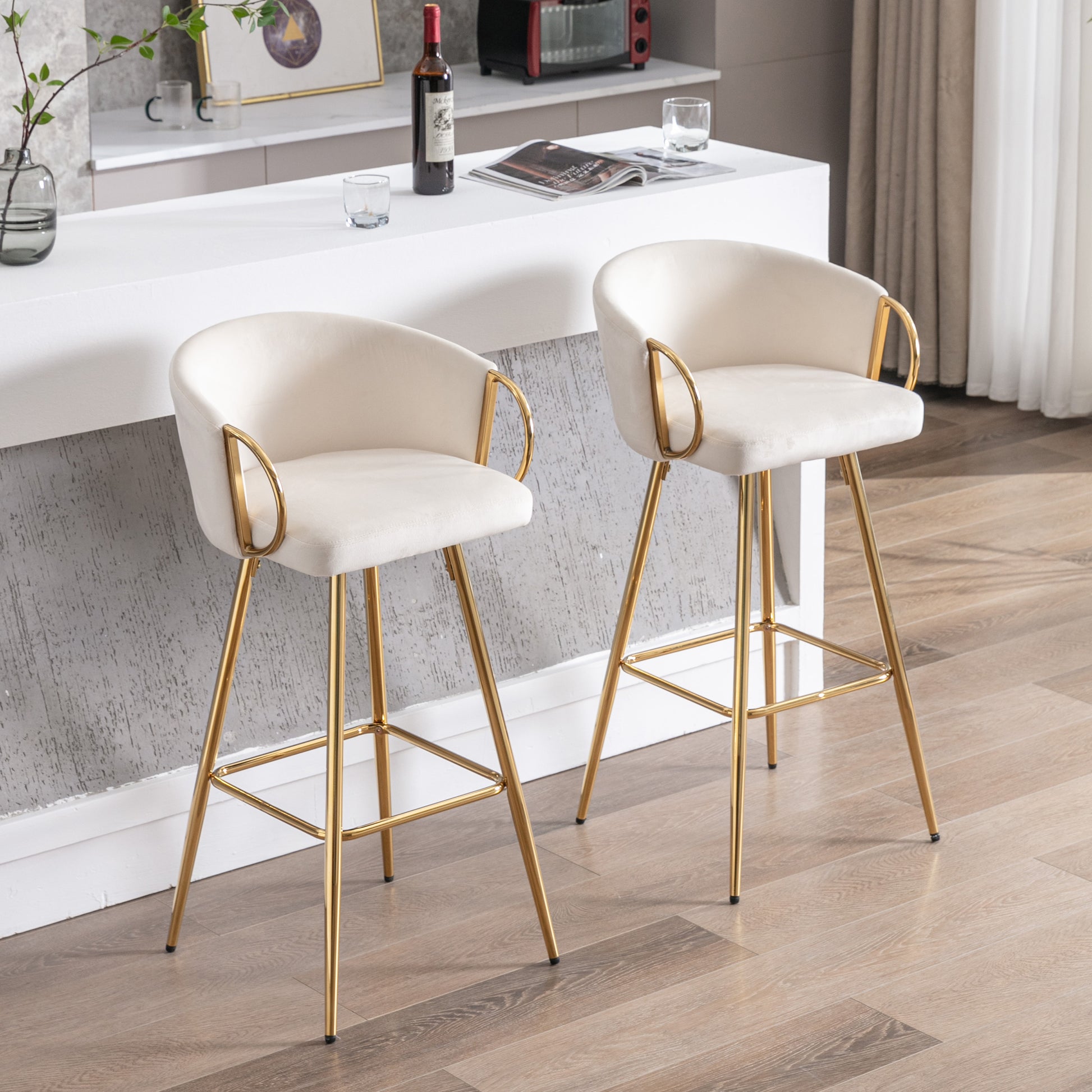 26 Inch Set Of 2 Bar Stools,With Chrome Footrest And Base Velvet Golden Leg Simple Bar Stoo,Cream Cream Foam Fabric