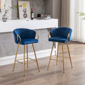 26 Inch Set Of 2 Bar Stools,With Chrome Footrest Velvet Golden Leg Simple Bar Stool,Blue Blue Foam Fabric