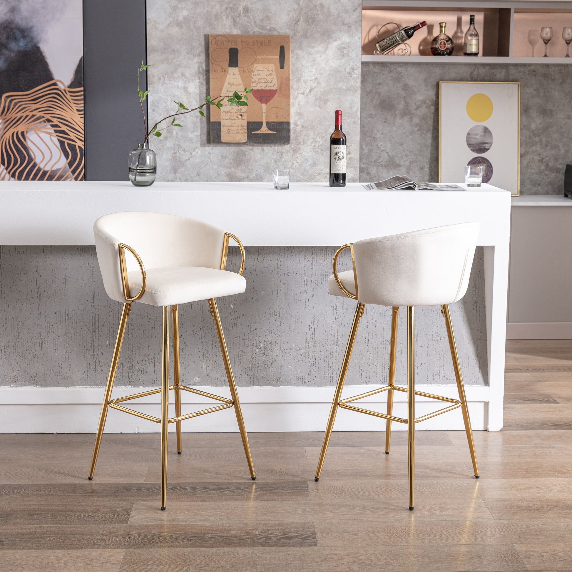 26 Inch Set Of 2 Bar Stools,With Chrome Footrest And Base Velvet Golden Leg Simple Bar Stoo,Cream Cream Foam Fabric