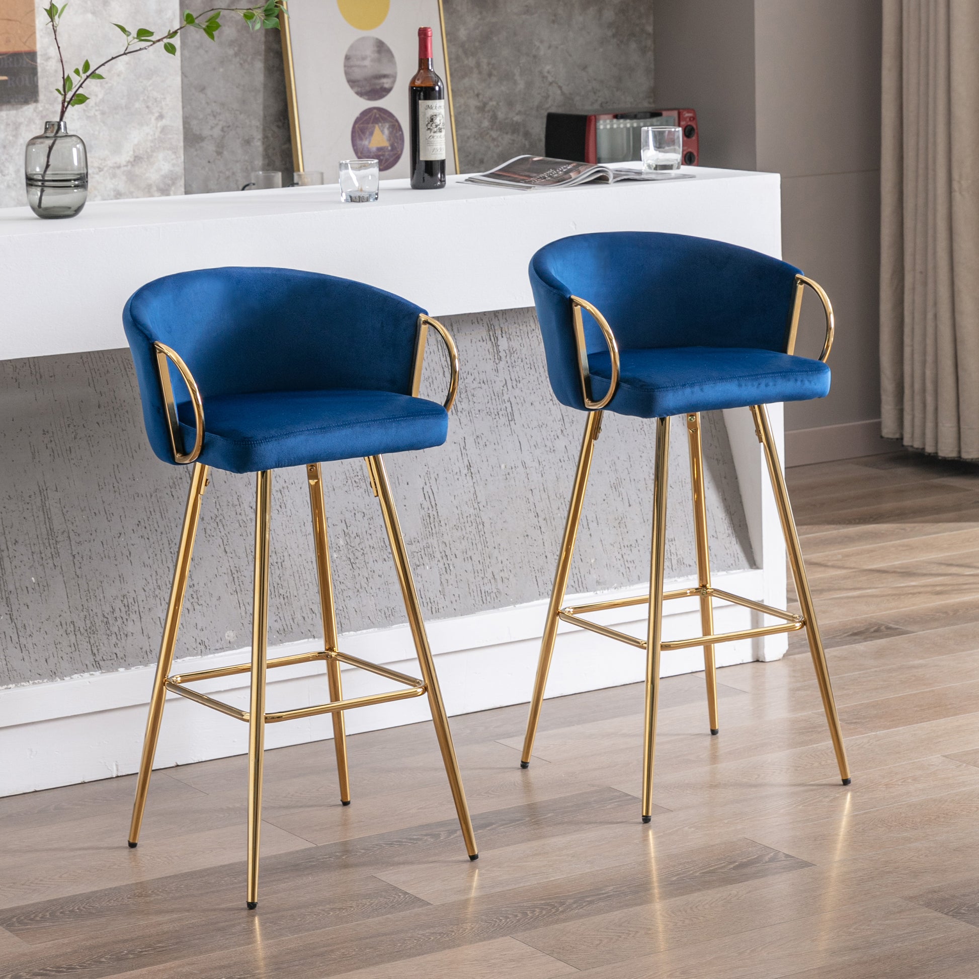30 Inch Set Of 2 Bar Stools,With Chrome Footrest And Base Velvet Golden Leg Simple Bar Stool,Blue Blue Foam Fabric