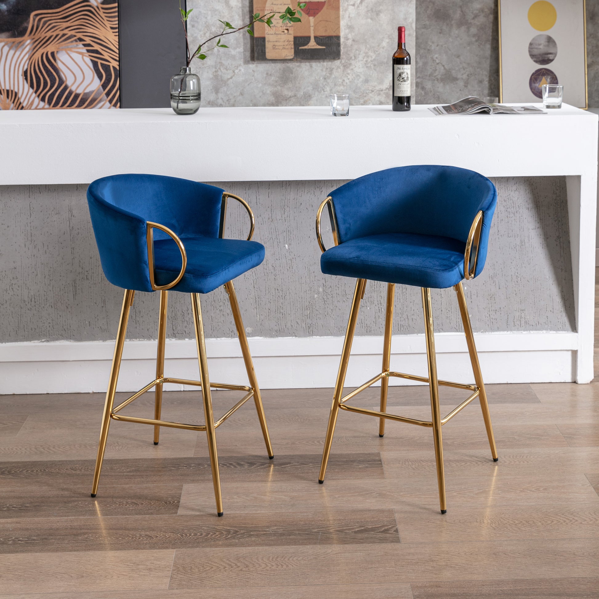 26 Inch Set Of 2 Bar Stools,With Chrome Footrest Velvet Golden Leg Simple Bar Stool,Blue Blue Foam Fabric