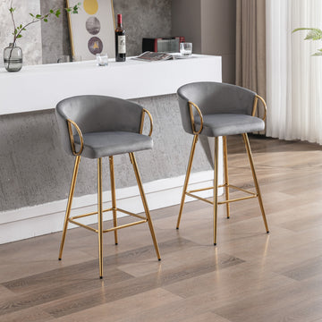 26 Inch Set Of 2 Bar Stools,With Chrome Footrest And Base Velvet Golden Leg Simple Bar Stool,Gray Gray Foam Fabric