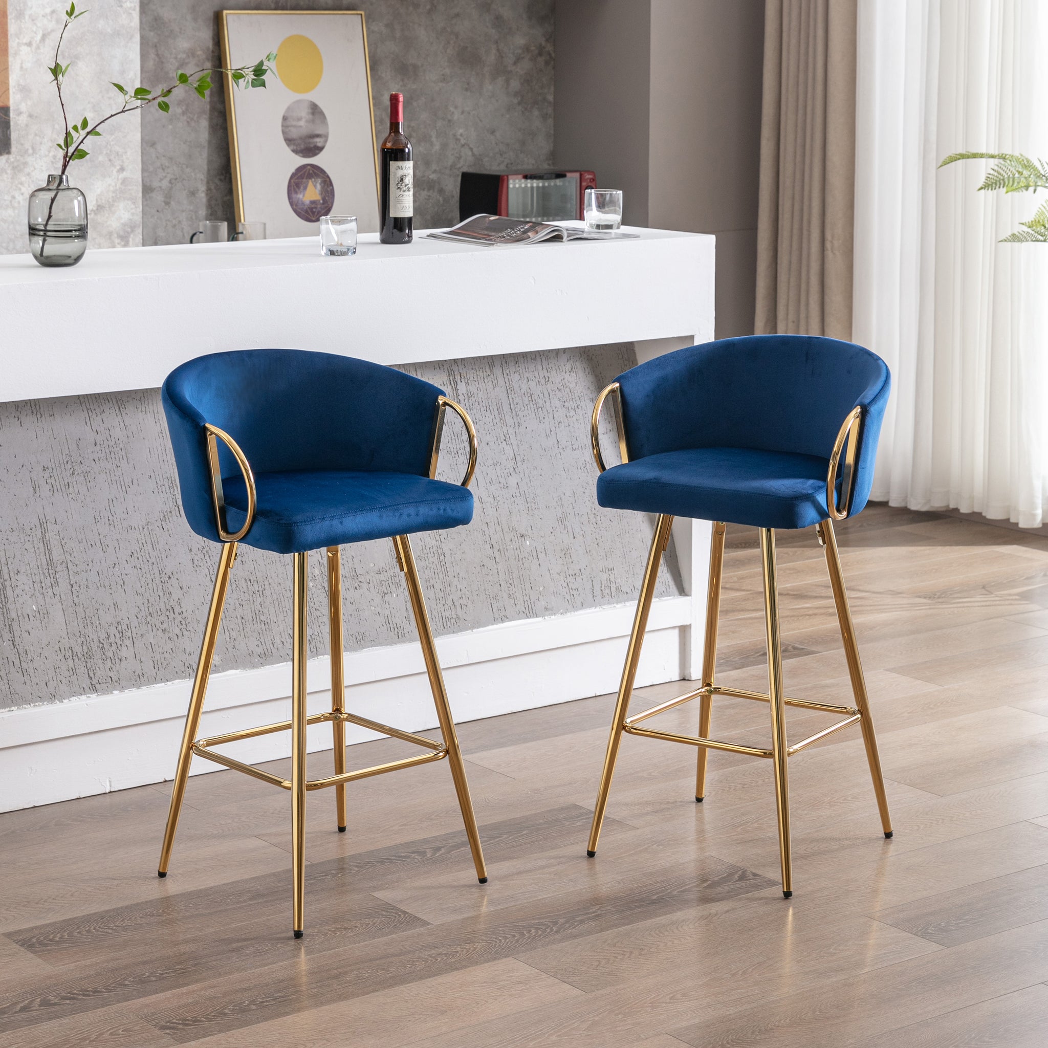 30 Inch Set Of 2 Bar Stools,With Chrome Footrest And Base Velvet Golden Leg Simple Bar Stool,Blue Blue Foam Fabric