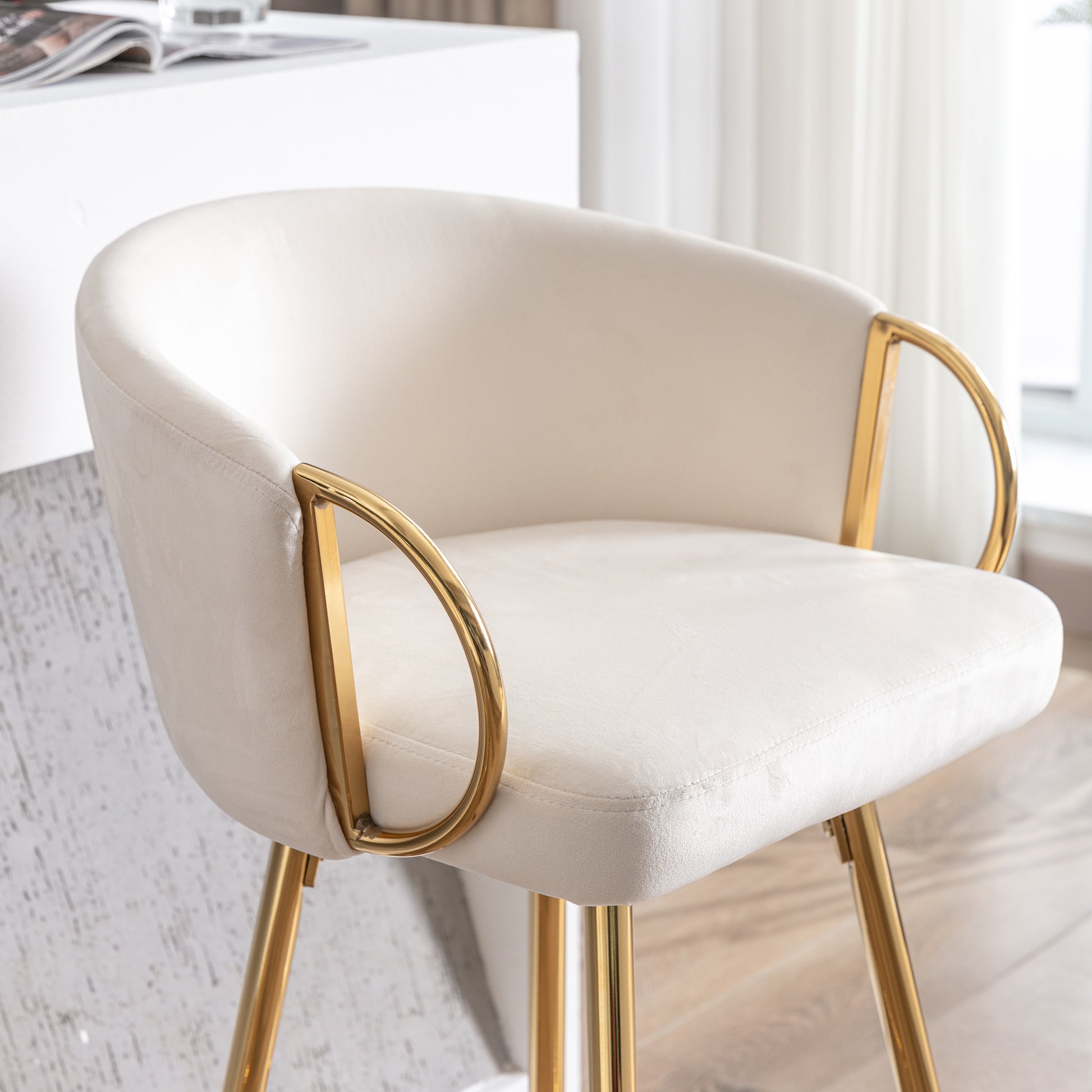 26 Inch Set Of 2 Bar Stools,With Chrome Footrest And Base Velvet Golden Leg Simple Bar Stoo,Cream Cream Foam Fabric