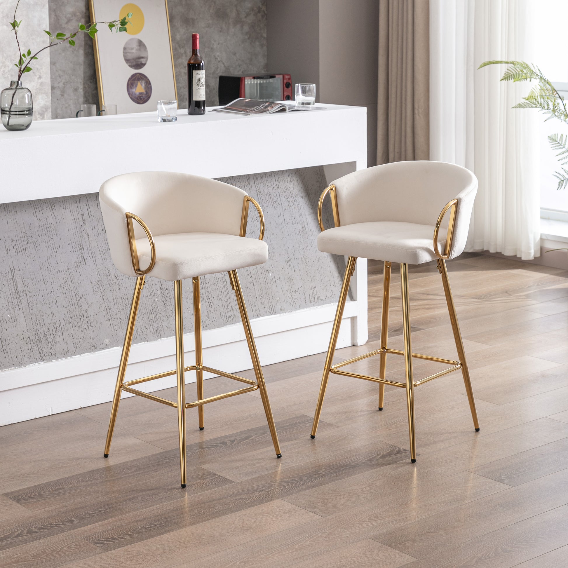 26 Inch Set Of 2 Bar Stools,With Chrome Footrest And Base Velvet Golden Leg Simple Bar Stoo,Cream Cream Foam Fabric