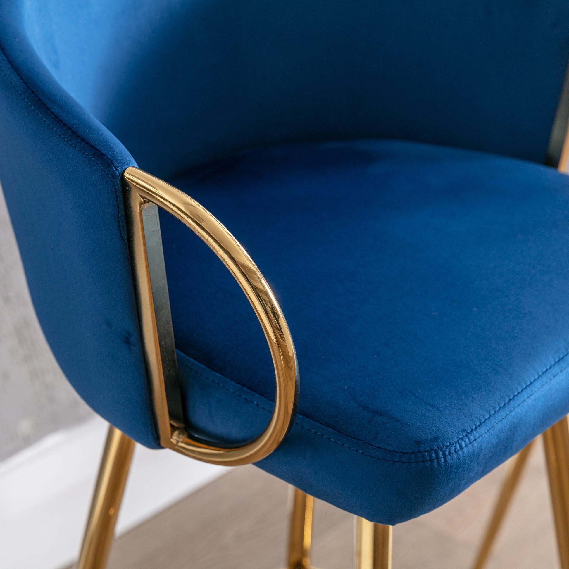 26 Inch Set Of 2 Bar Stools,With Chrome Footrest Velvet Golden Leg Simple Bar Stool,Blue Blue Foam Fabric