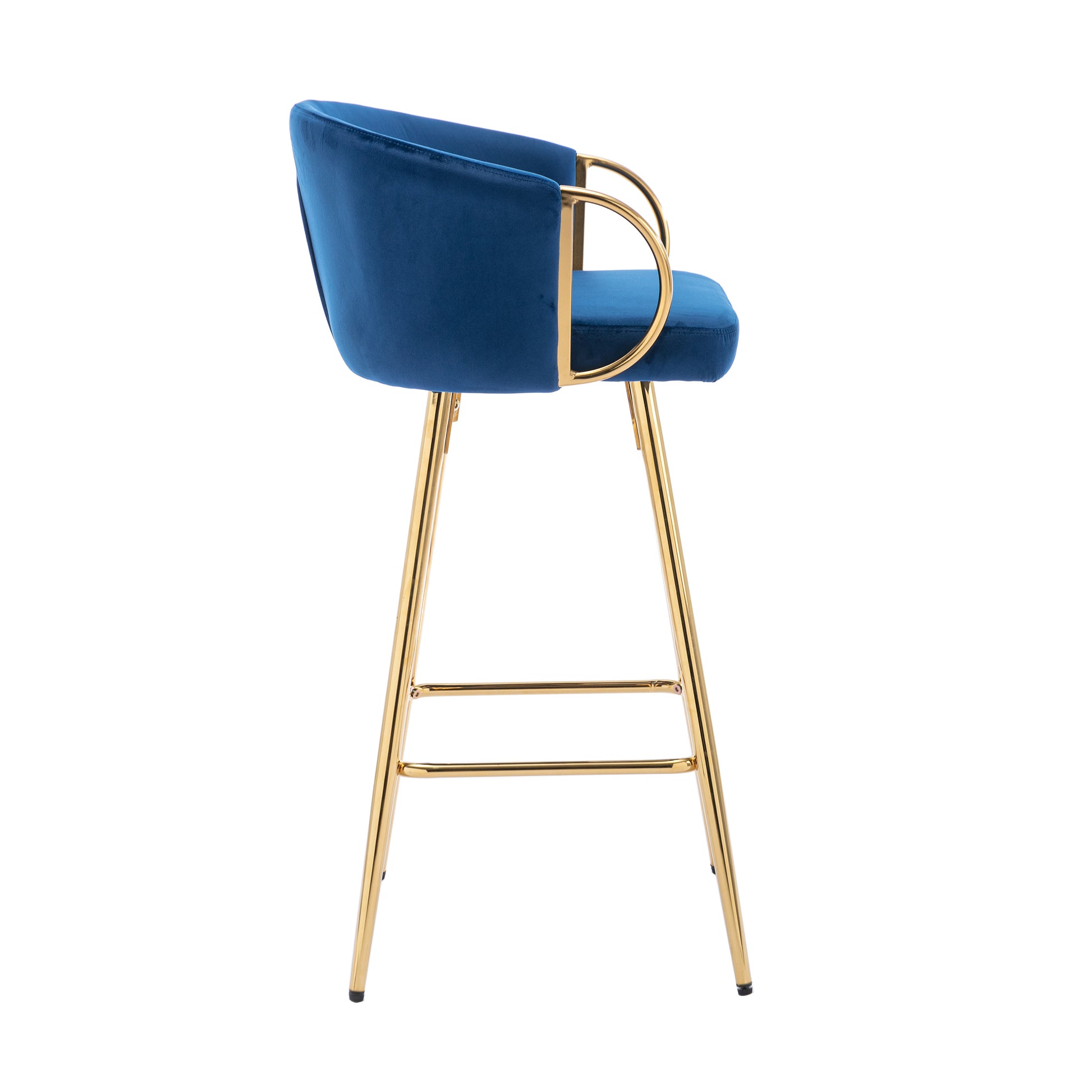 26 Inch Set Of 2 Bar Stools,With Chrome Footrest Velvet Golden Leg Simple Bar Stool,Blue Blue Foam Fabric