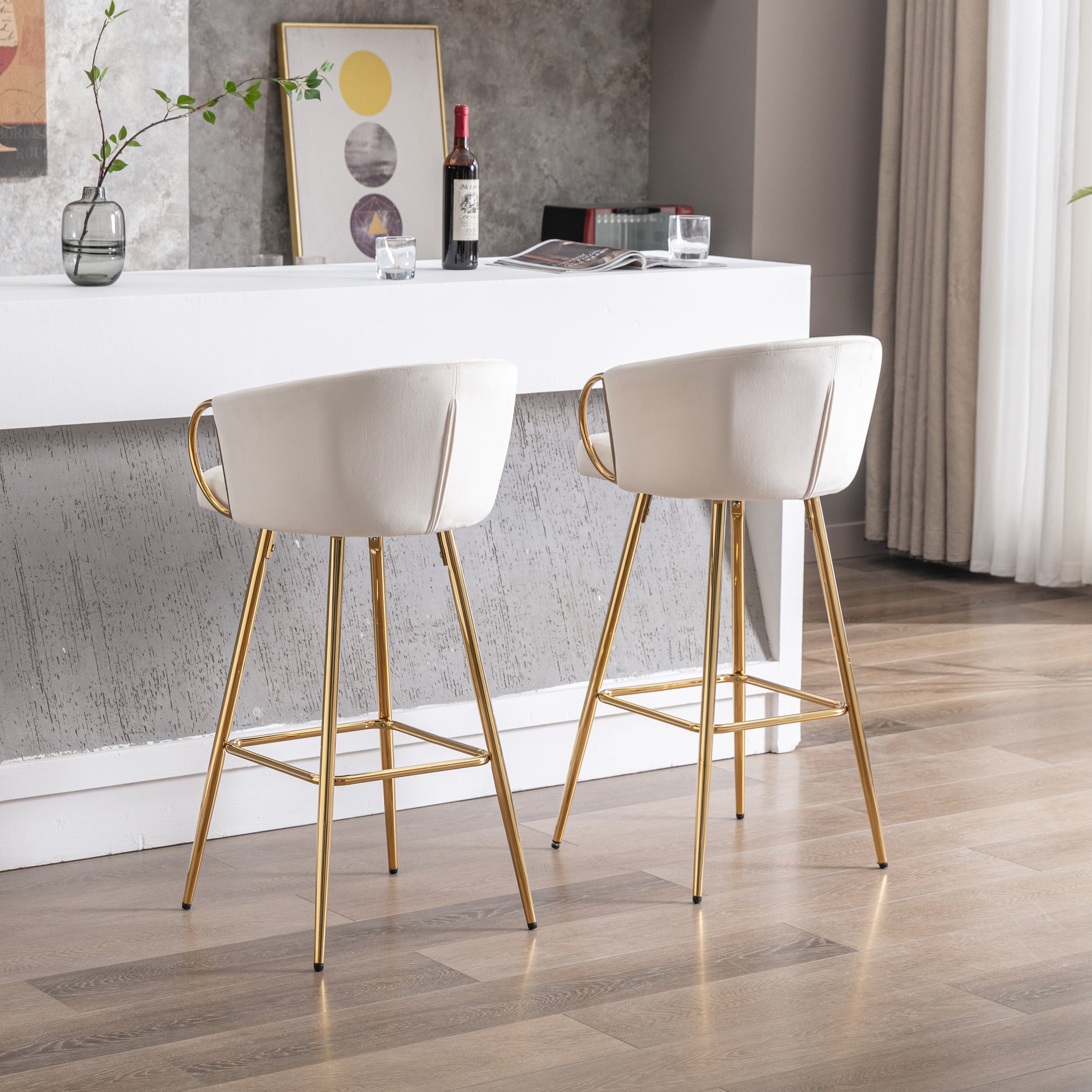 30 Inch Set Of 2 Bar Stools,With Chrome Footrest And Base Velvet Golden Leg Simple Bar Stool,Cream Cream Foam Fabric