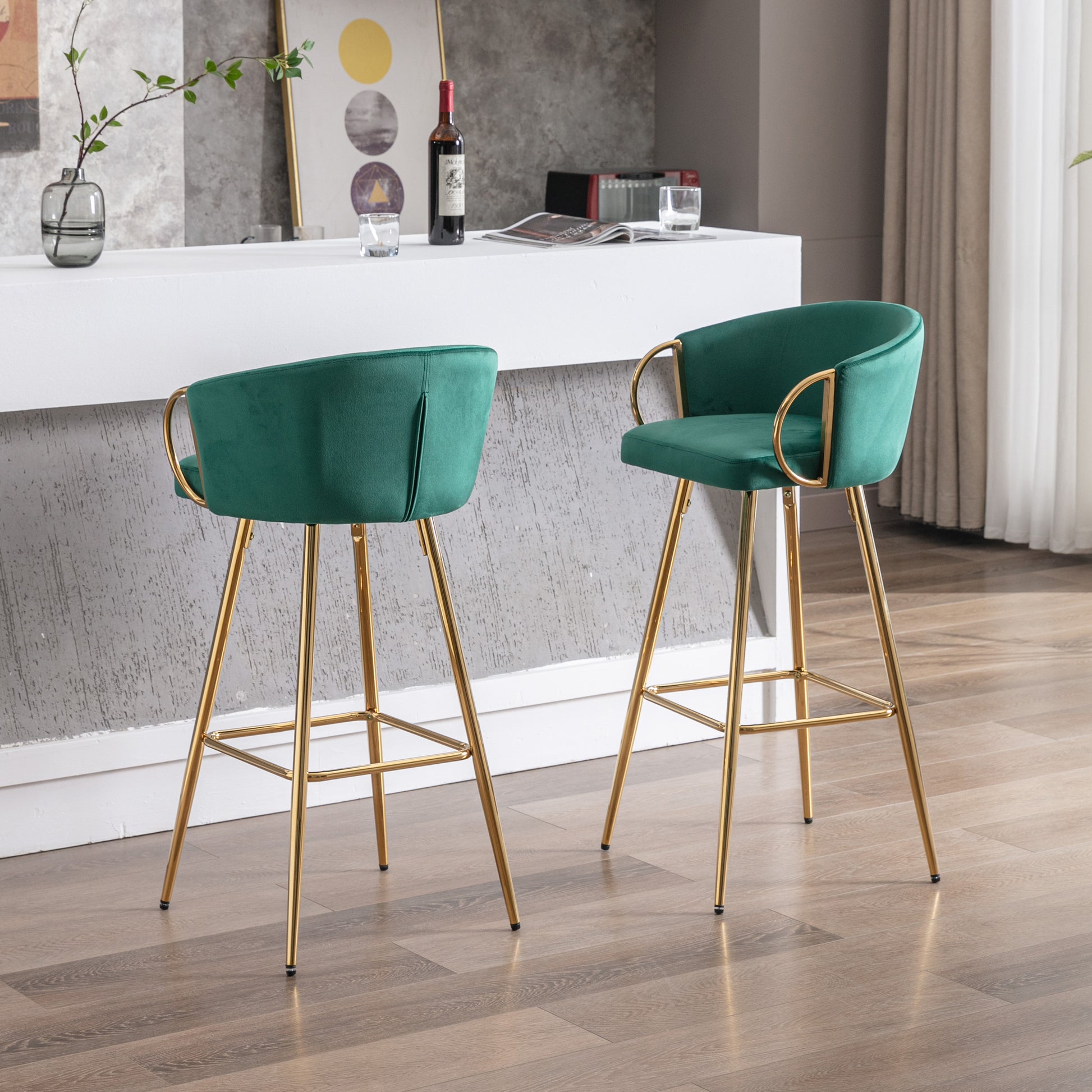 30 Inch Set Of 2 Bar Stools,With Chrome Footrest And Base Velvet Golden Leg Simple Bar Stool,Green Green Foam Fabric