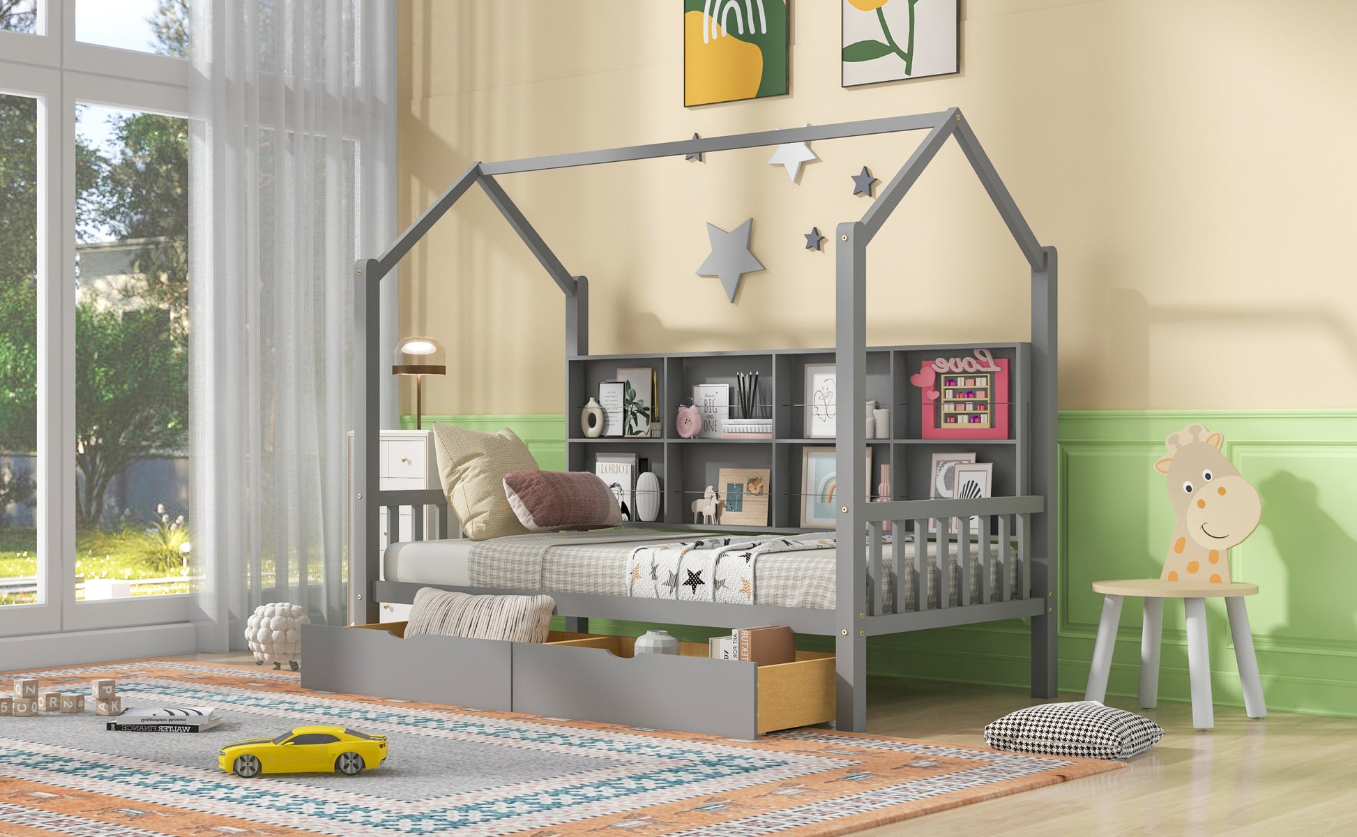 Wooden Twin Size House Bed With 2 Drawers,Kids Bed With Storage Shelf, Gray Twin Gray Solid Wood