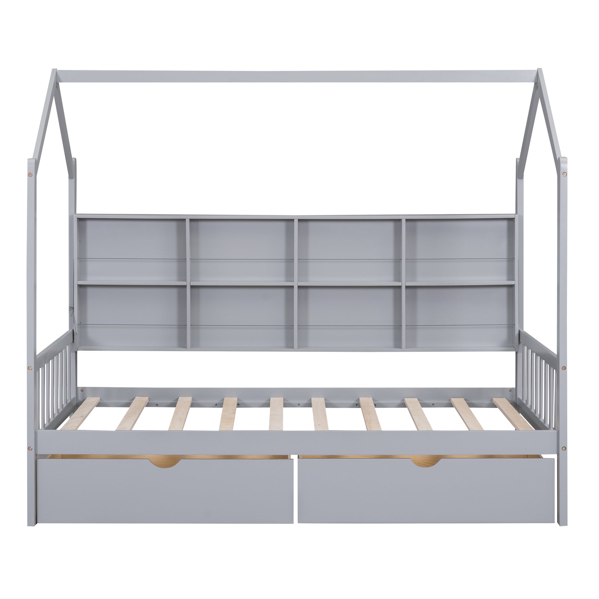 Wooden Twin Size House Bed With 2 Drawers,Kids Bed With Storage Shelf, Gray Twin Gray Solid Wood