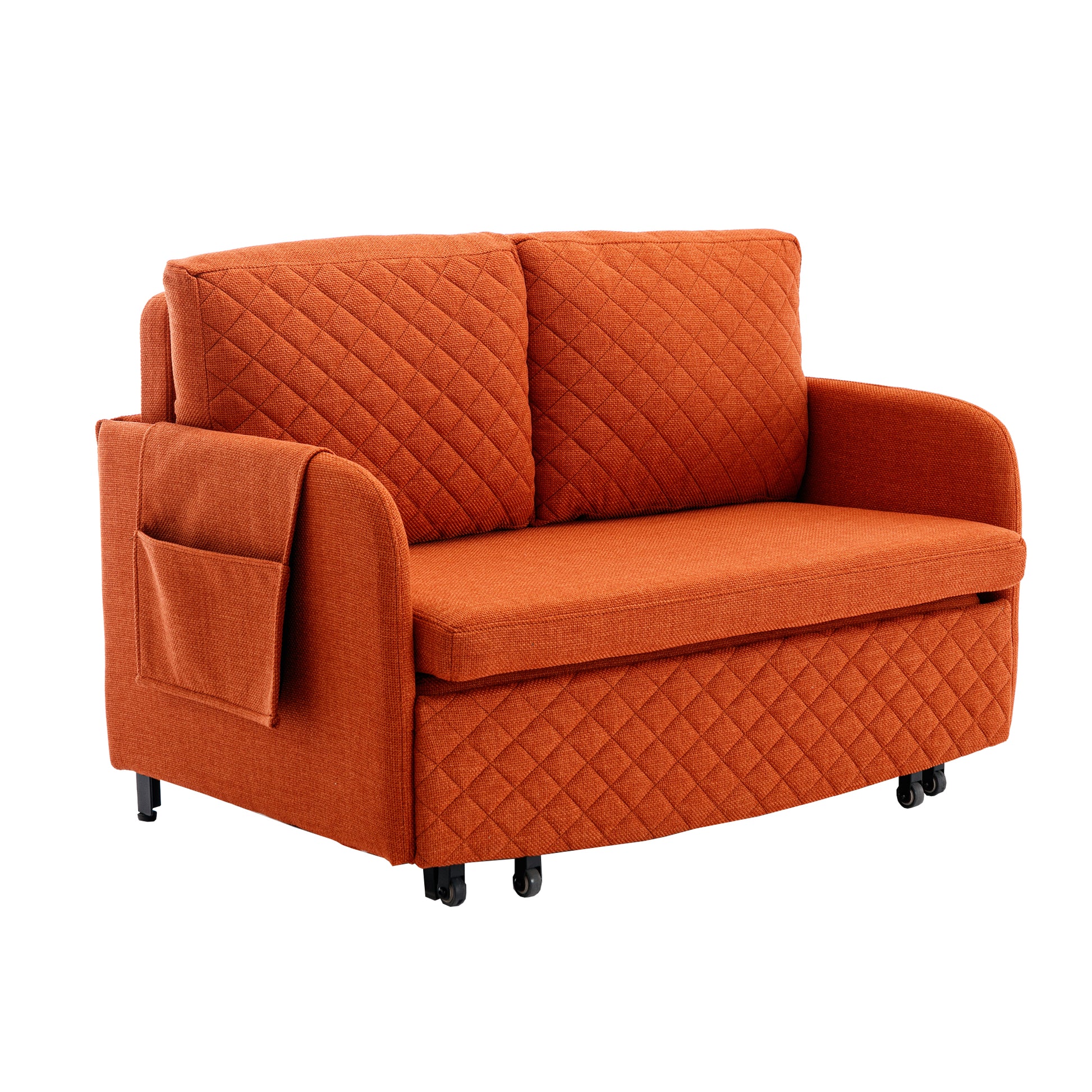 Coolmore Convertible Sleeper Sofa Bed, Modern Velvet Loveseat Couch With Pull Out Bed, Small Beautiful Seat Futon Sofa Bed With Headboard, 2 Pillows & Side Pockets For Living Room Orange Linen