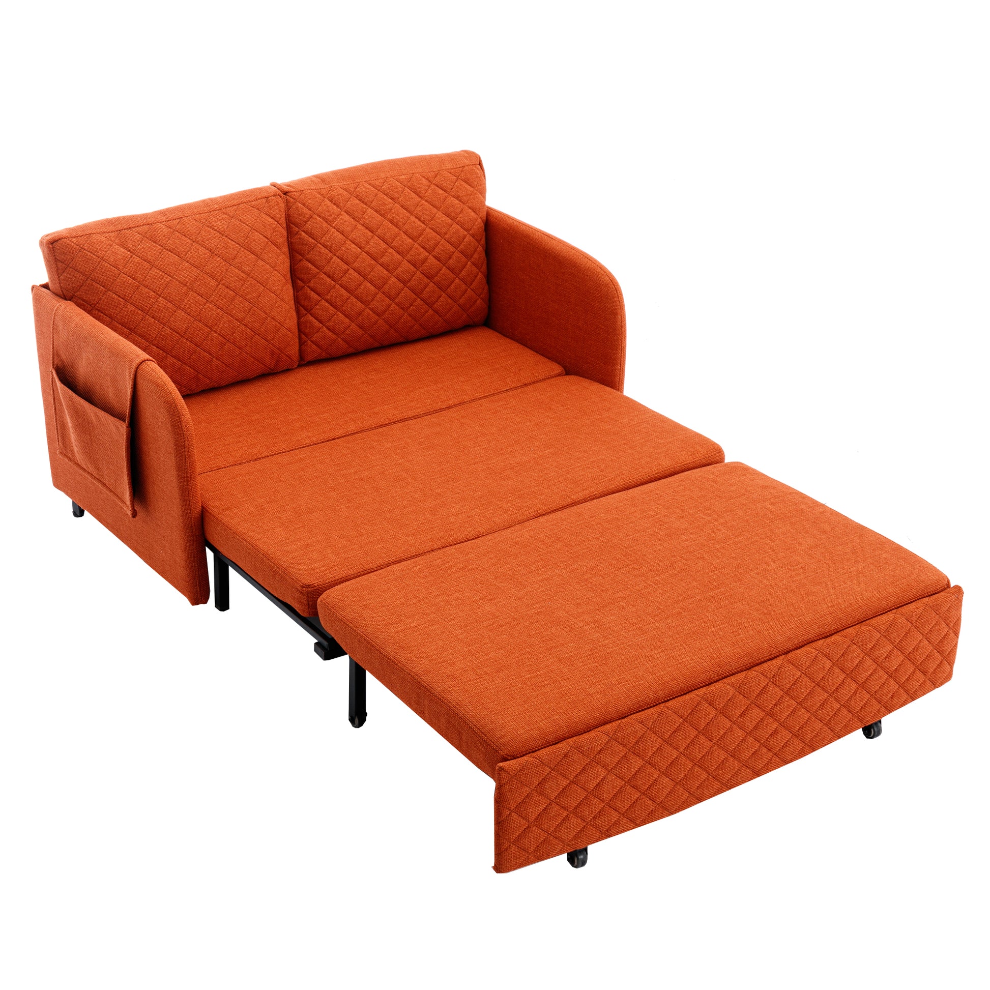 Coolmore Convertible Sleeper Sofa Bed, Modern Velvet Loveseat Couch With Pull Out Bed, Small Beautiful Seat Futon Sofa Bed With Headboard, 2 Pillows & Side Pockets For Living Room Orange Linen