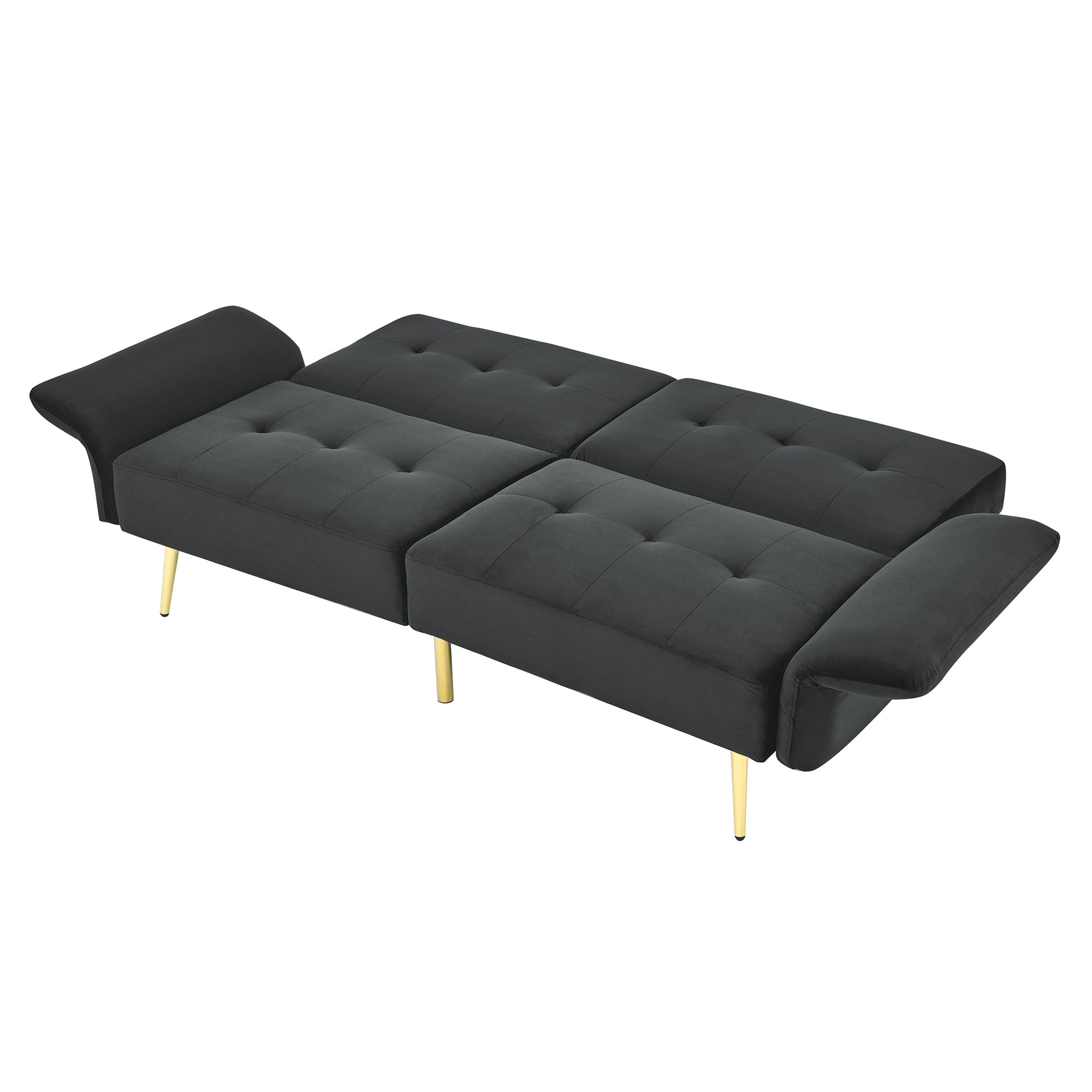 78" Italian Velvet Futon Sofa Bed, Convertible Sleeper Loveseat Couch With Folded Armrests And Storage Bags For Living Room And Small Space, Black 280G Velvet Black Foam Solid Wood