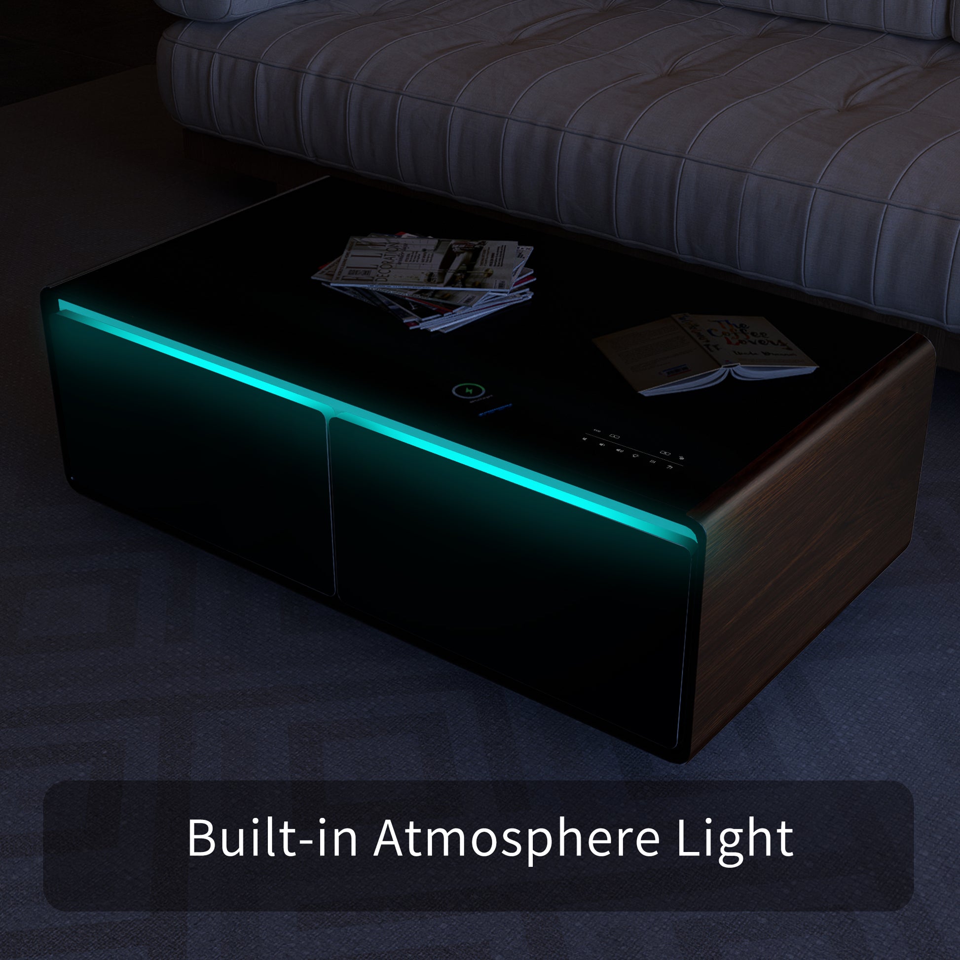 Modern Smart Coffee Table With Built In Fridge, Bluetooth Speaker, Wireless Charging Module, Touch Control Panel, Power Socket, Usb Interface, Outlet Protection, Atmosphere Light, And More, Brown Black Brown Built In Outlets Or Usb Primary Living Space