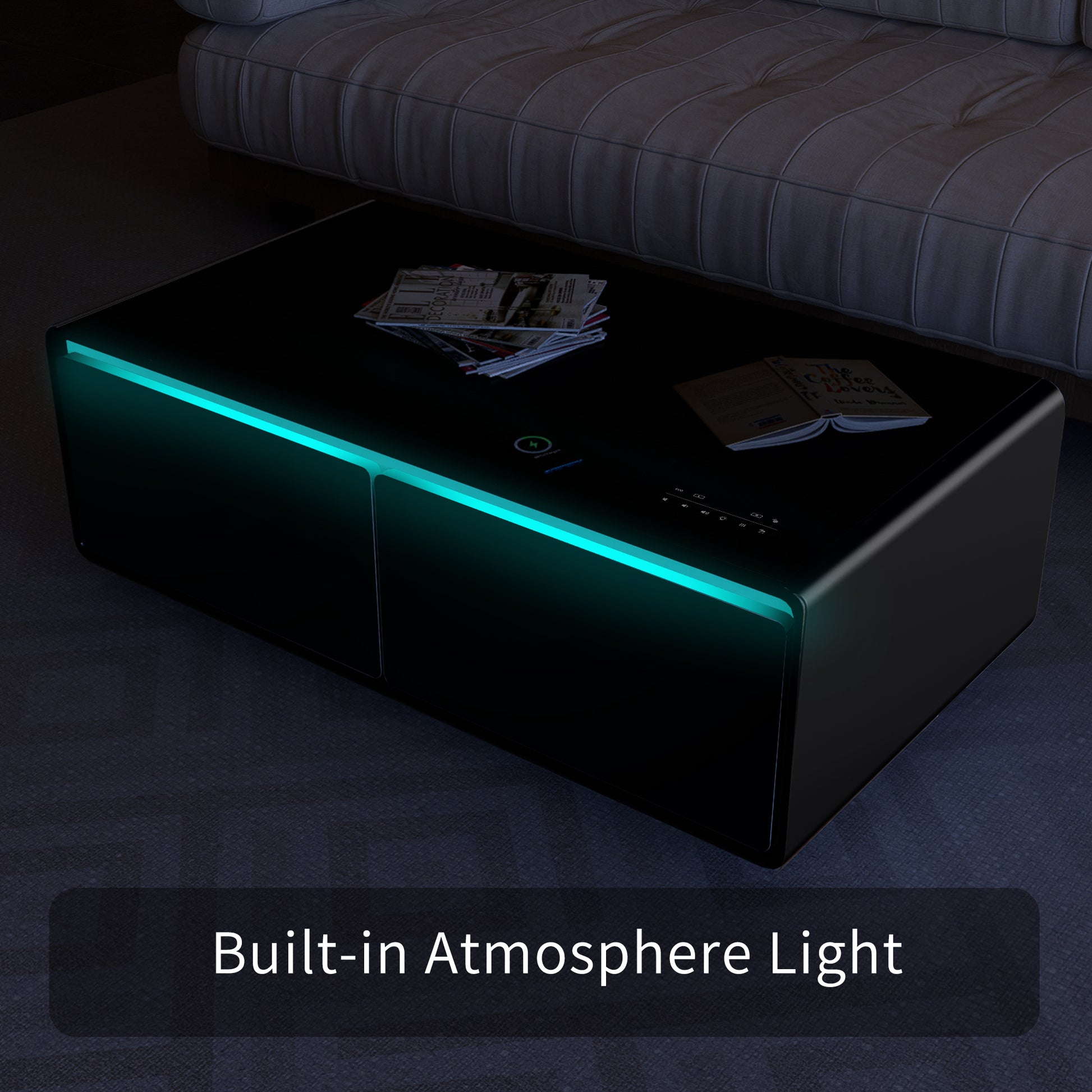 Modern Smart Coffee Table With Built In Fridge, Bluetooth Speaker, Wireless Charging Module, Touch Control Panel, Power Socket, Usb Interface, Outlet Protection, Atmosphere Light, Black Black