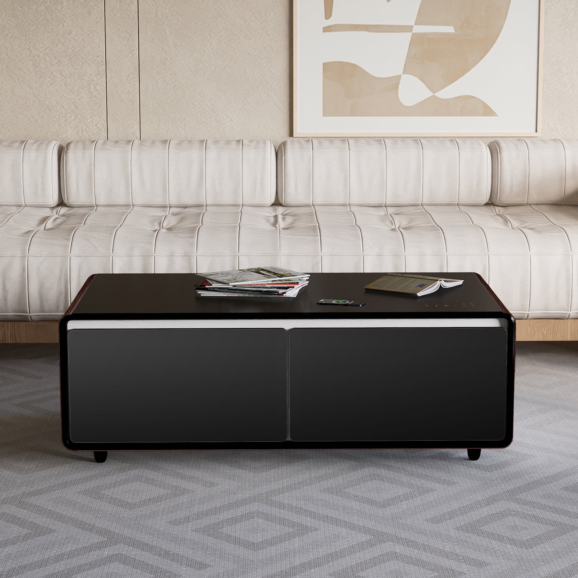 Modern Smart Coffee Table With Built In Fridge, Bluetooth Speaker, Wireless Charging Module, Touch Control Panel, Power Socket, Usb Interface, Outlet Protection, Atmosphere Light, And More, Brown Black Brown Built In Outlets Or Usb Primary Living Space