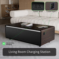 Modern Smart Coffee Table With Built In Fridge, Bluetooth Speaker, Wireless Charging Module, Touch Control Panel, Power Socket, Usb Interface, Outlet Protection, Atmosphere Light, And More, Brown Black Brown Built In Outlets Or Usb Primary Living Space