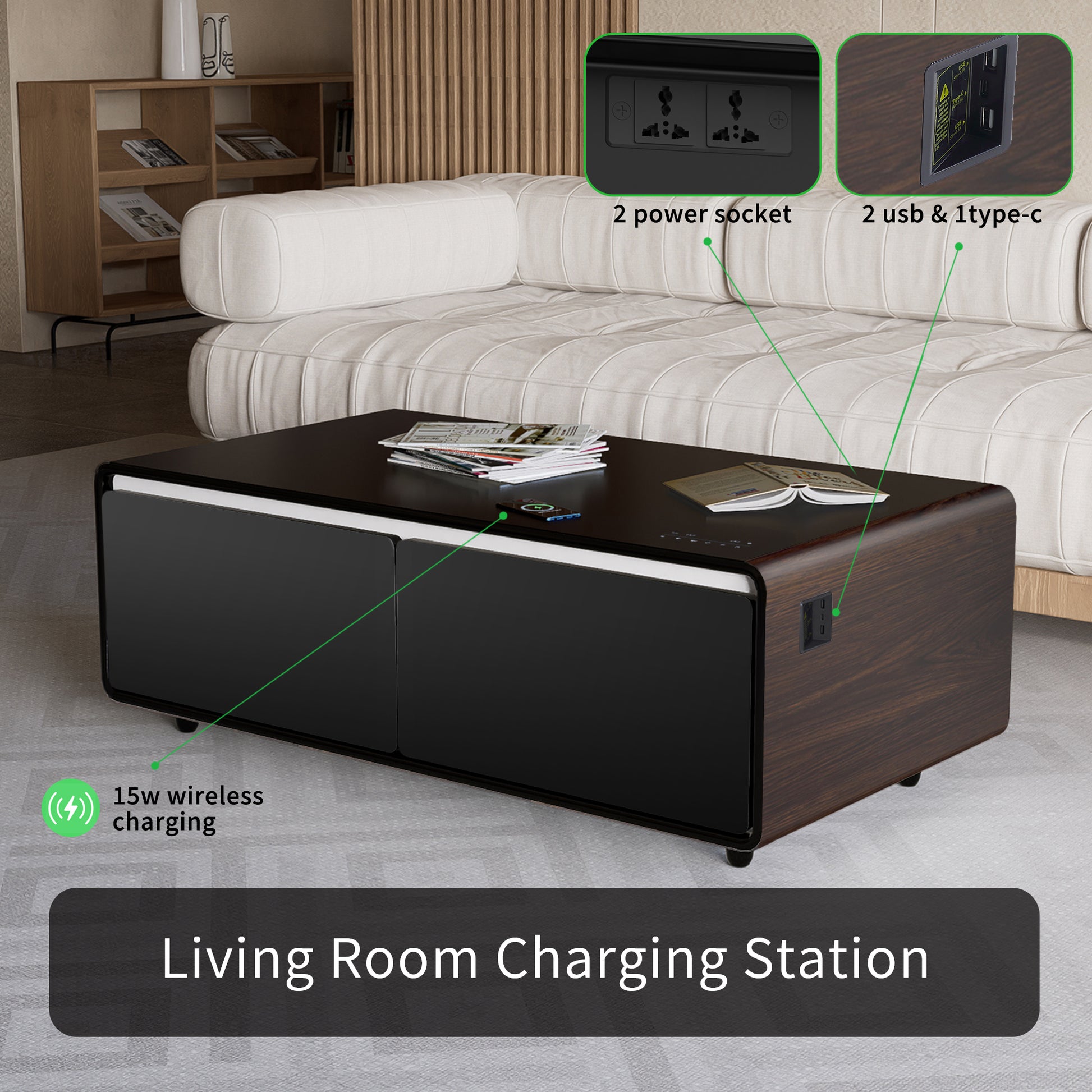 Modern Smart Coffee Table With Built In Fridge, Bluetooth Speaker, Wireless Charging Module, Touch Control Panel, Power Socket, Usb Interface, Outlet Protection, Atmosphere Light, And More, Brown Black Brown Built In Outlets Or Usb Primary Living Space