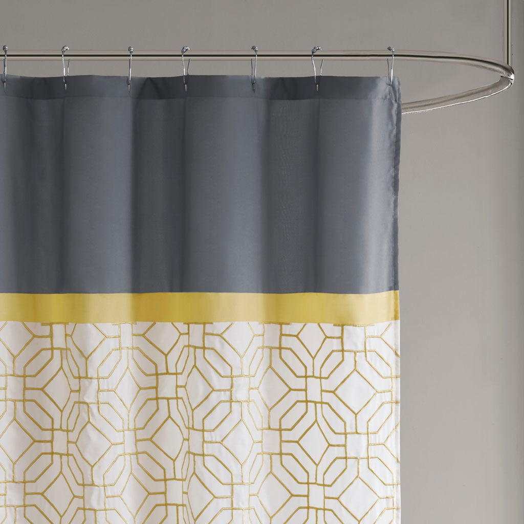 Embroidered And Pieced Shower Curtain Yellow Grey Microfiber