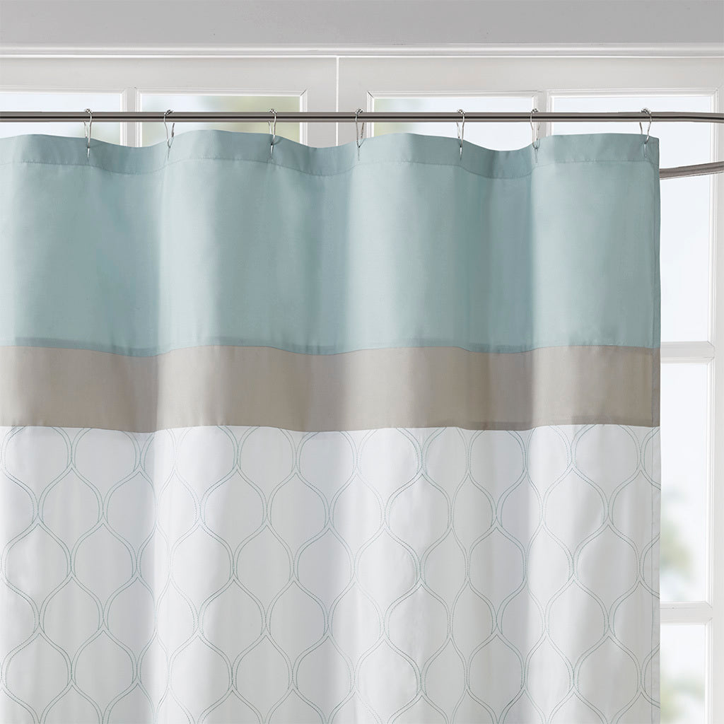 Printed And Embroidered Shower Curtain Seafoam Microfiber
