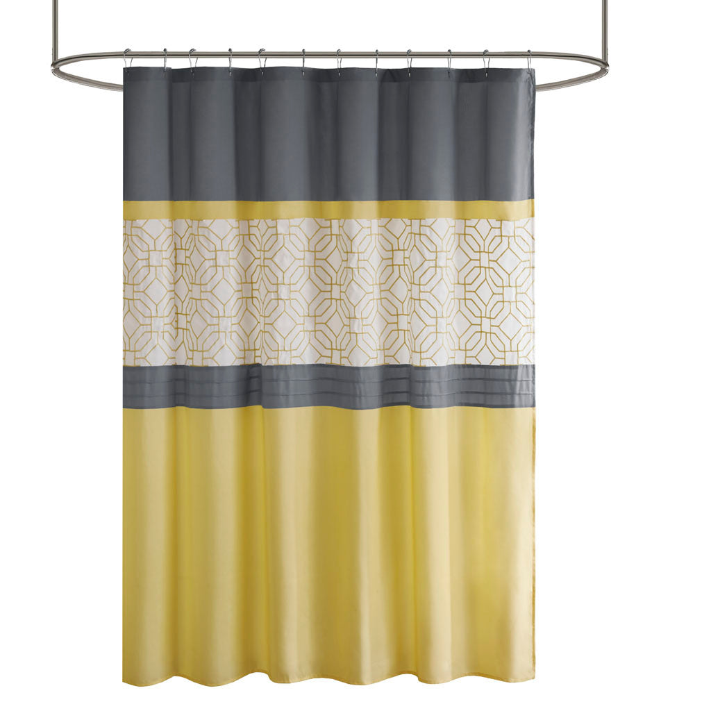 Embroidered And Pieced Shower Curtain Yellow Grey Microfiber
