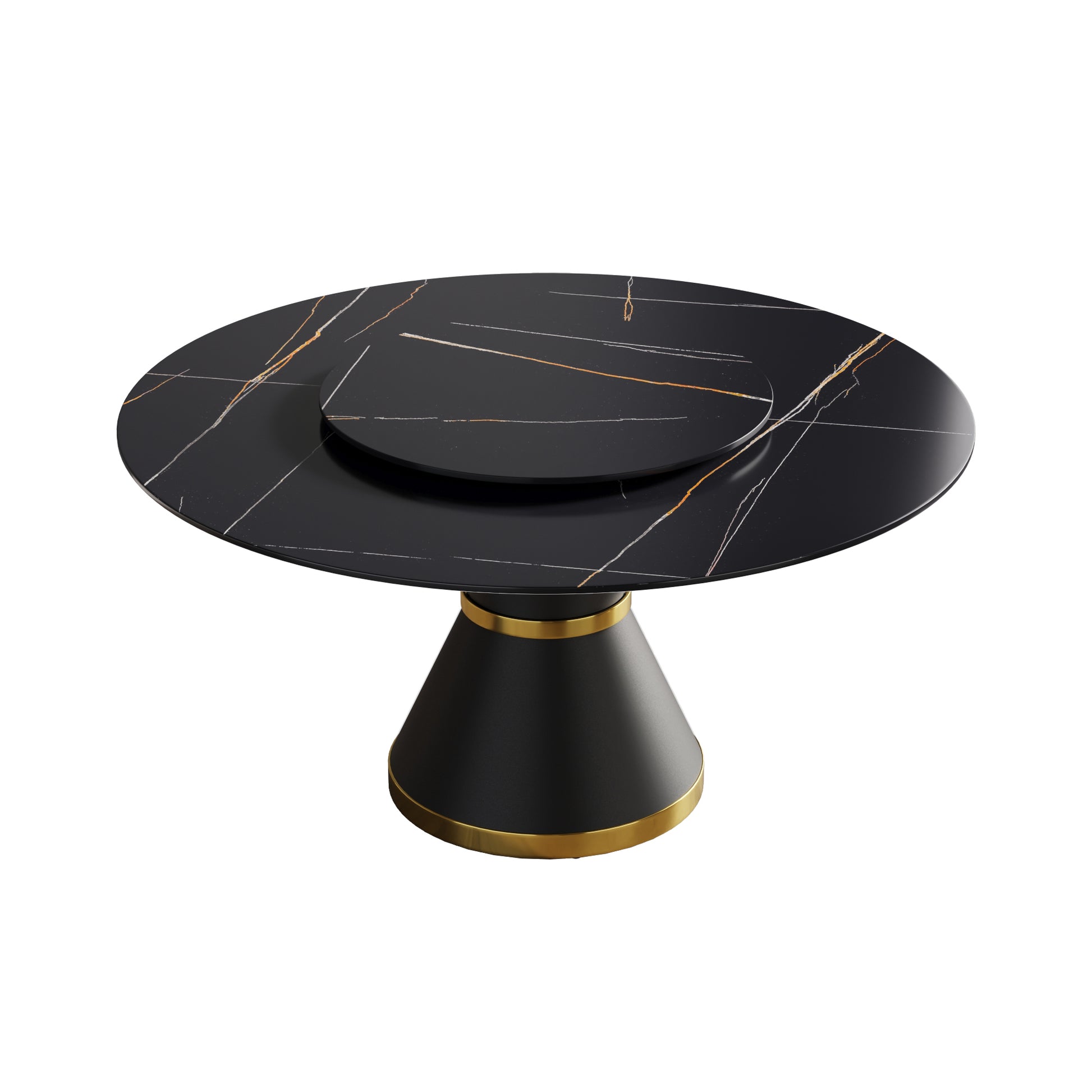 59.05"Modern Artificial Stone Round Black Carbon Steel Base Dining Table Can Accommodate 6 People 31.5"Black Artificial Stone Turntable Black Metal Marble