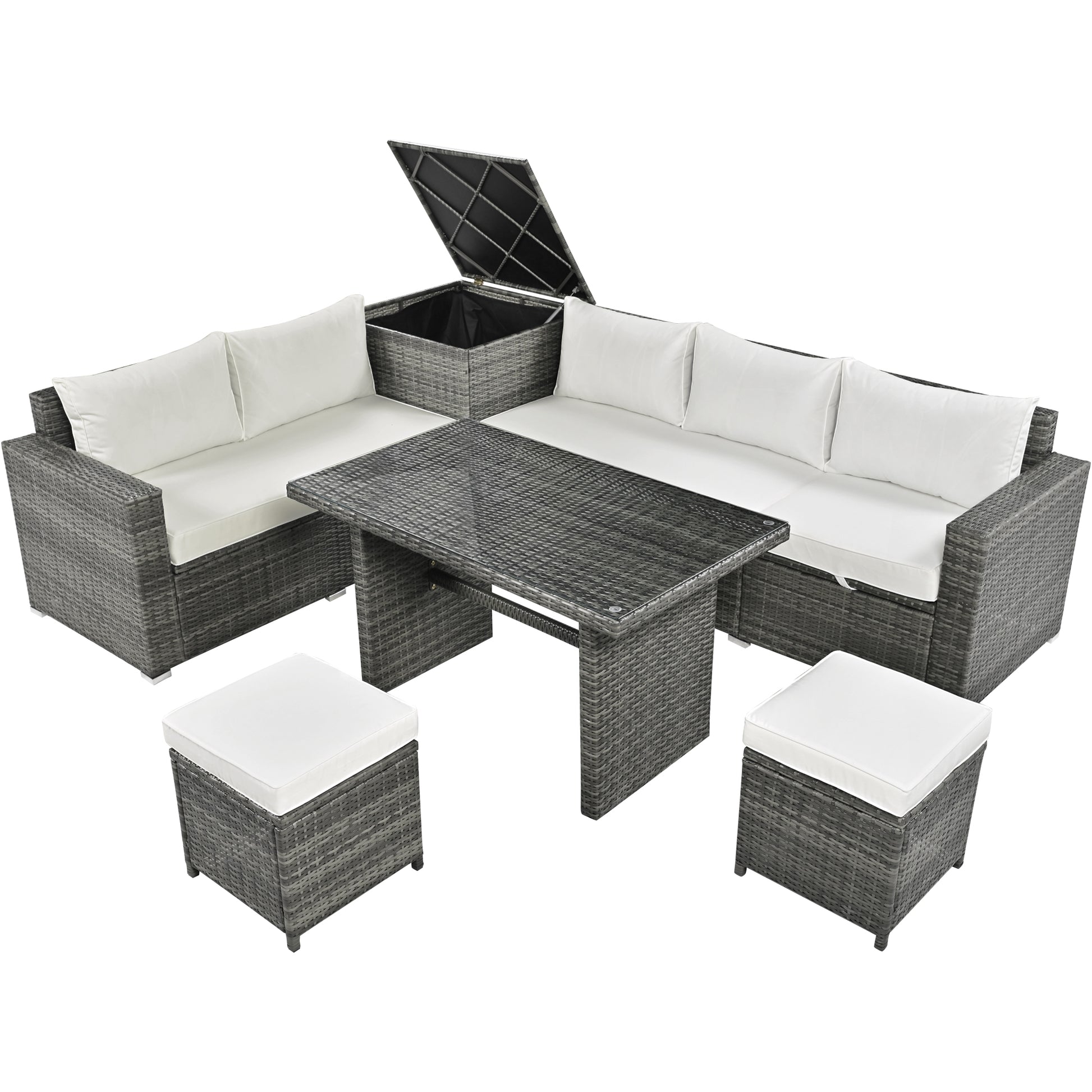 Outdoor 6 Piece All Weather Pe Rattan Sofa Set, Garden Patio Wicker Sectional Furniture Set With Adjustable Seat, Storage Box, Removable Covers And Tempered Glass Top Table, Beige Yes Complete Patio Set Beige Water Resistant Frame Water Resistant Cushion
