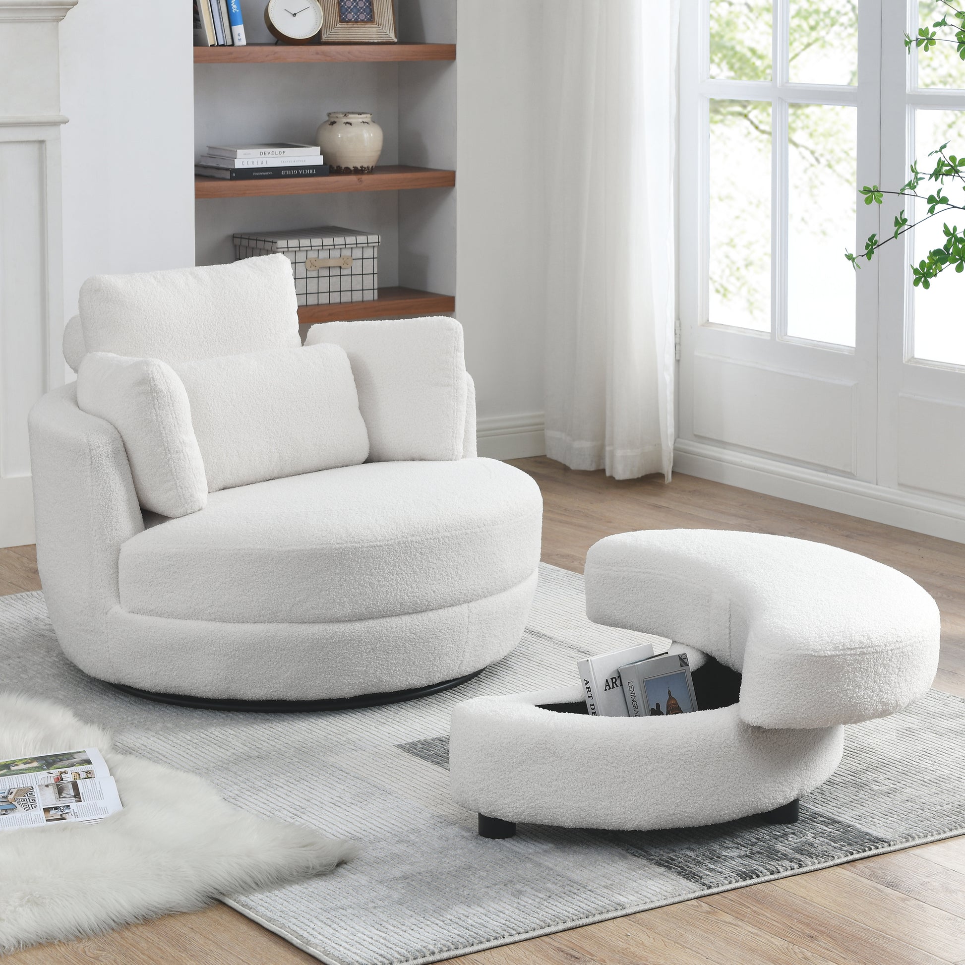 39"W Oversized Swivel Chair With Moon Storage Ottoman For Living Room, Modern Accent Round Loveseat Circle Swivel Barrel Chairs For Bedroom Cuddle Sofa Chair Lounger Armchair, 4 Pillows, Teddy Fabric Ivory Foam Fabric