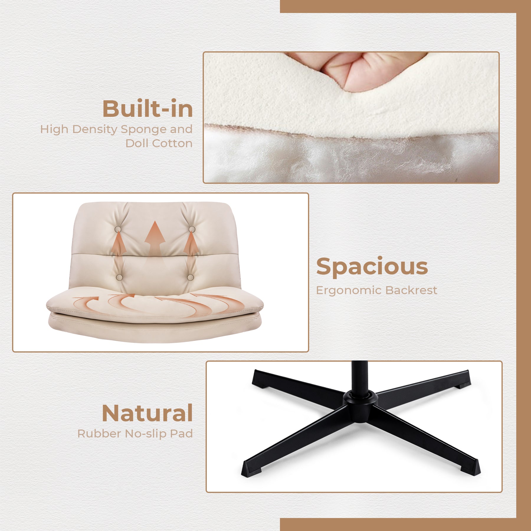 Large Size Armless Home Office Desk Chair Vanity Chair No Wheels Wood Beige Primary Living Space Foam Casual,Contemporary,Minimalist,Modern Handle Office Chairs Solid Back Foam Adjustable Height Leather