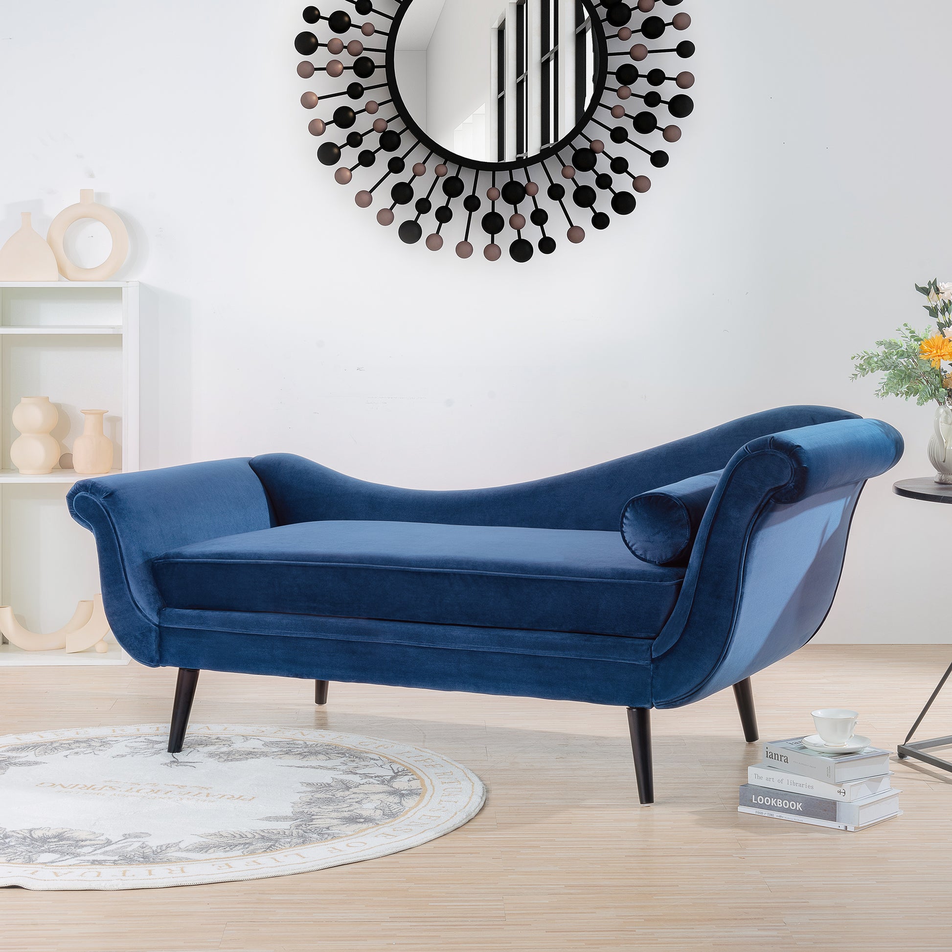 Chaise Lounge With Scroll Arm Blue Fabric