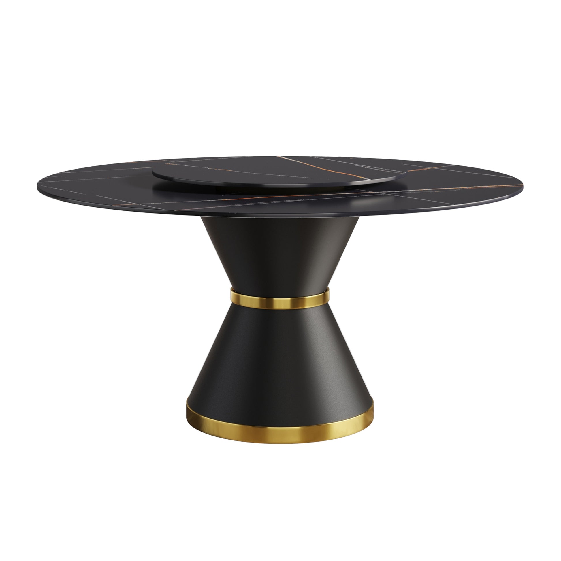 59.05"Modern Artificial Stone Round Black Carbon Steel Base Dining Table Can Accommodate 6 People 31.5"Black Artificial Stone Turntable Black Metal Marble