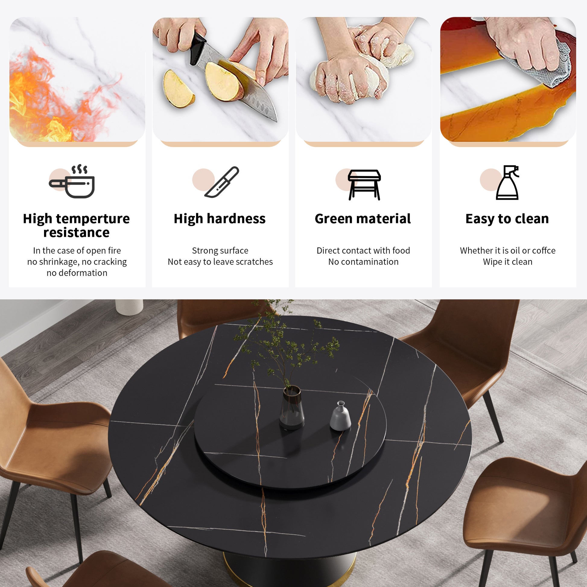 59.05"Modern Artificial Stone Round Black Carbon Steel Base Dining Table Can Accommodate 6 People 31.5"Black Artificial Stone Turntable Black Metal Marble