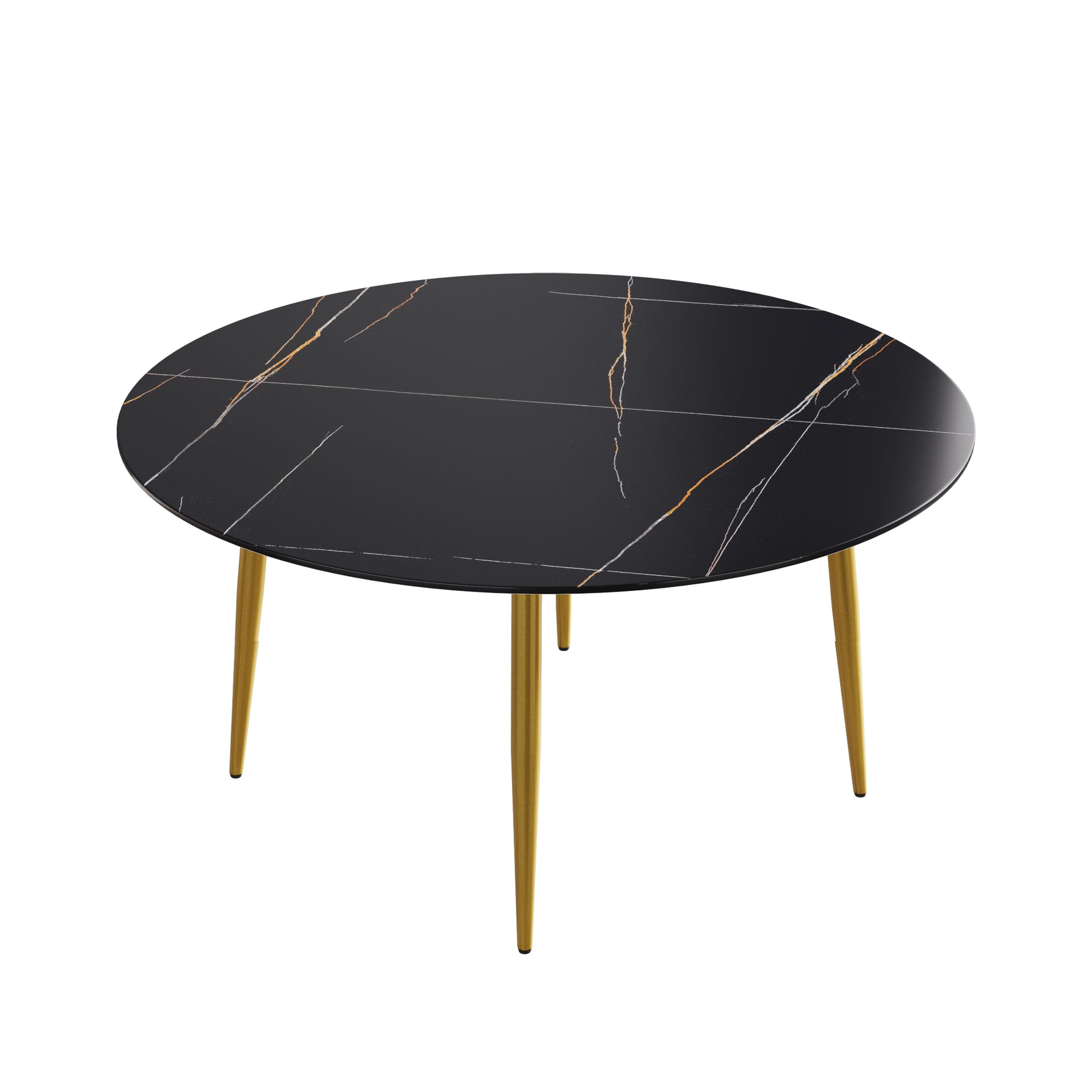 59.05"Modern Man Made Stone Round Golden Metal Dining Table Position For 6 People Golden Black Metal Sintered Stone