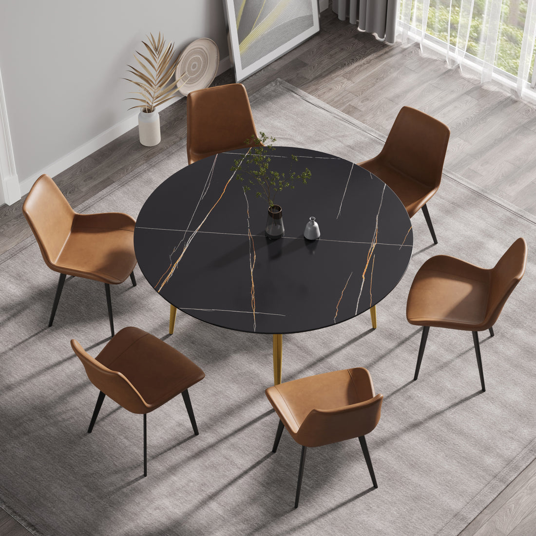 59.05"Modern Man Made Stone Round Golden Metal Dining Table Position For 6 People Golden Black Metal Sintered Stone